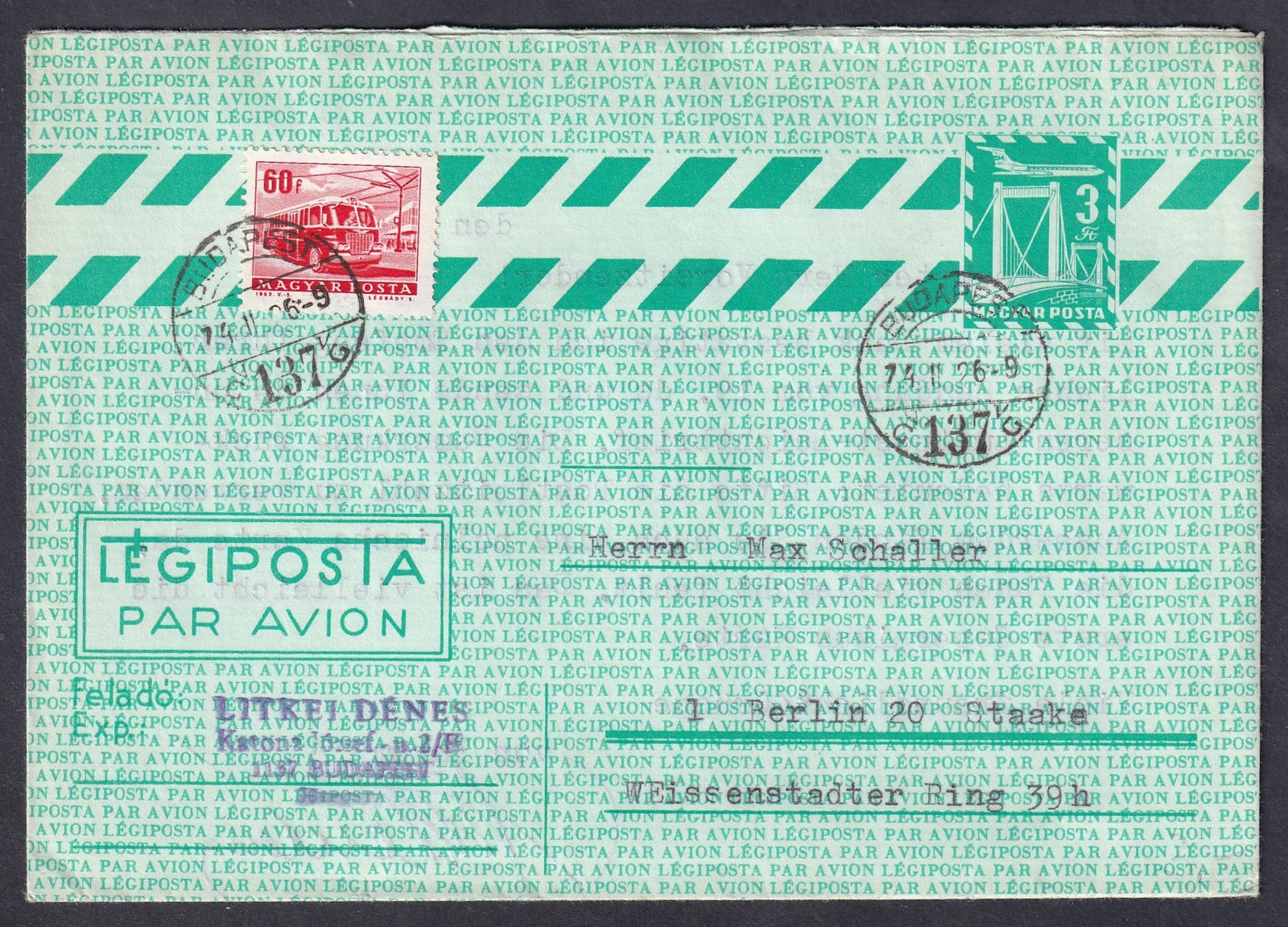 1874. Budapest, Hamburgba feladott légiposta levél, levél tartalommal