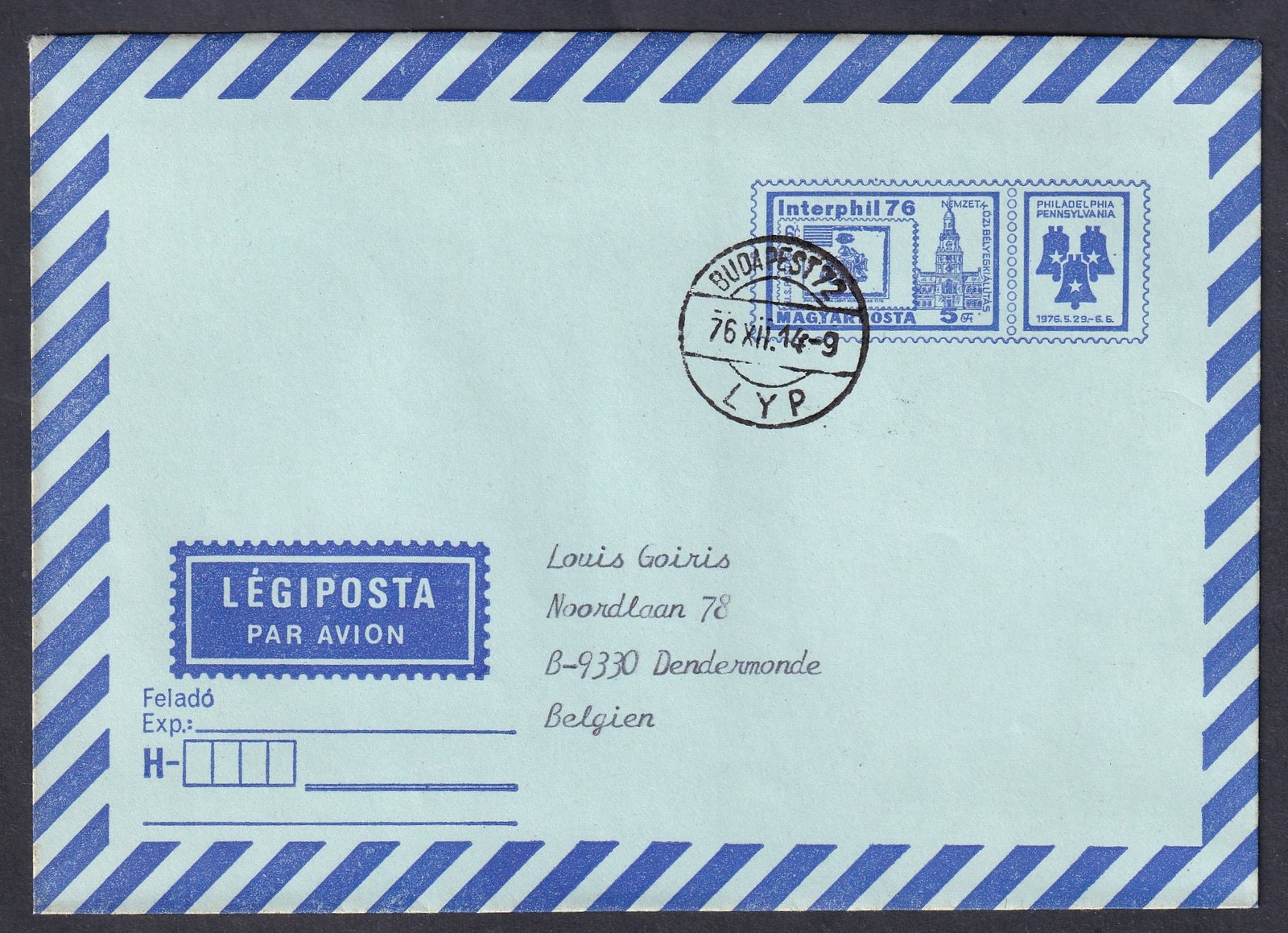 IMG_20260318_0023.1 1976. Belgiumba feladott, 1976. Interphil76 – légiposta díjjegyes boríték (jobbra dölő csíkokkal)