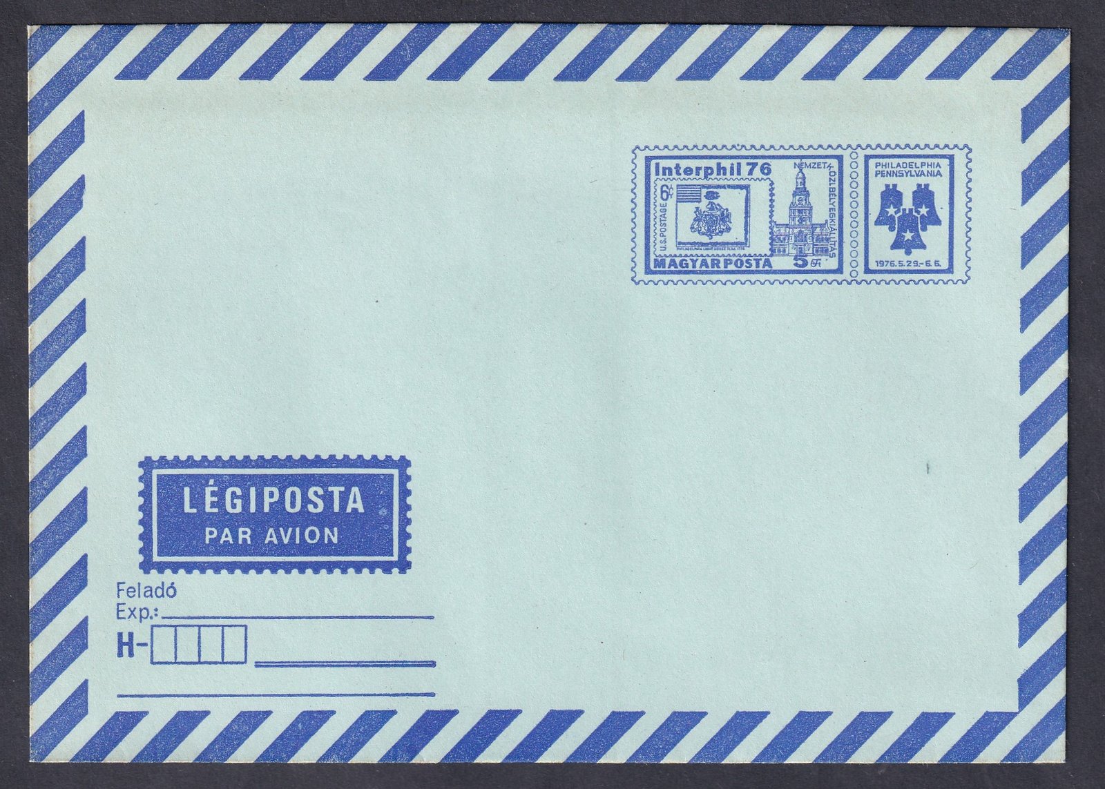 1976. Interphil76 - használatlan légiposta díjjegyes boríték (jobbra dölő csíkokkal)