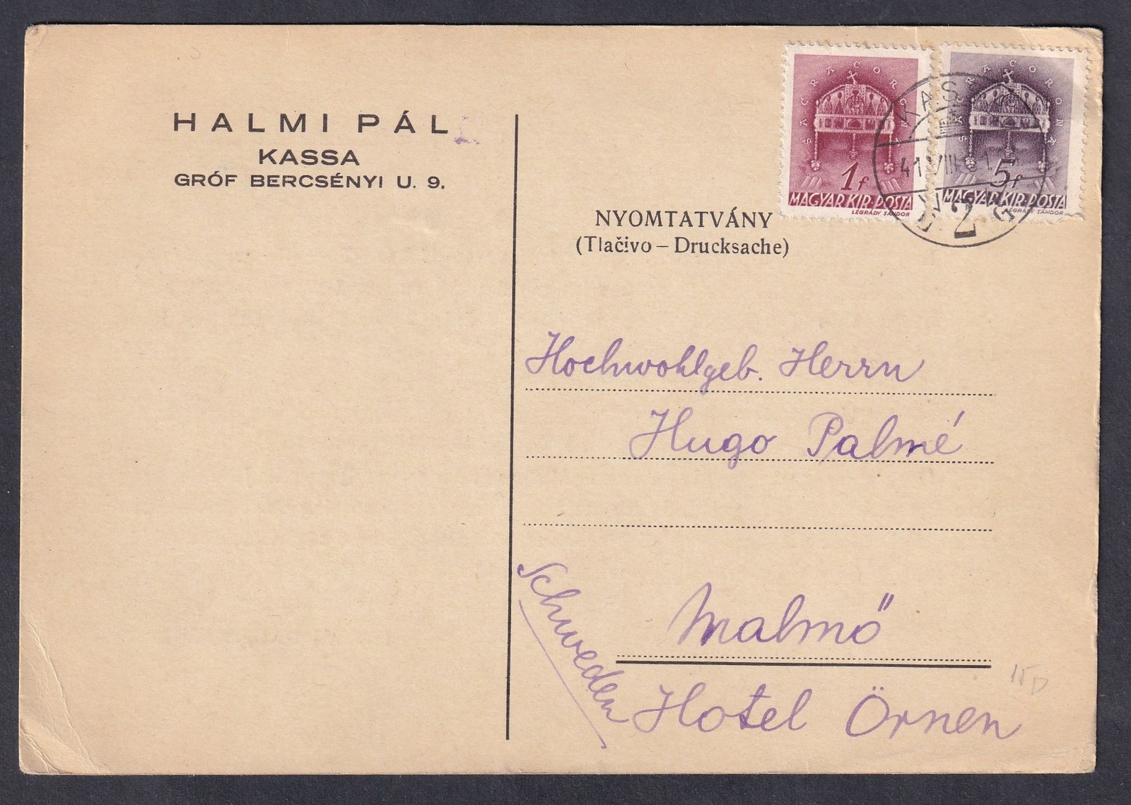 IMG_20260319_0001.1 1941. Kassa, Malmö (Svédország)-ba feladott nyomtatvány, tartalommal