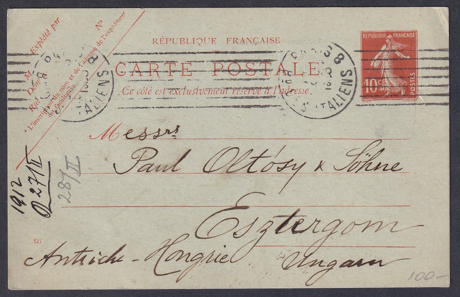 1898. Franciaország, Esztergomba feladott levelezőlap
