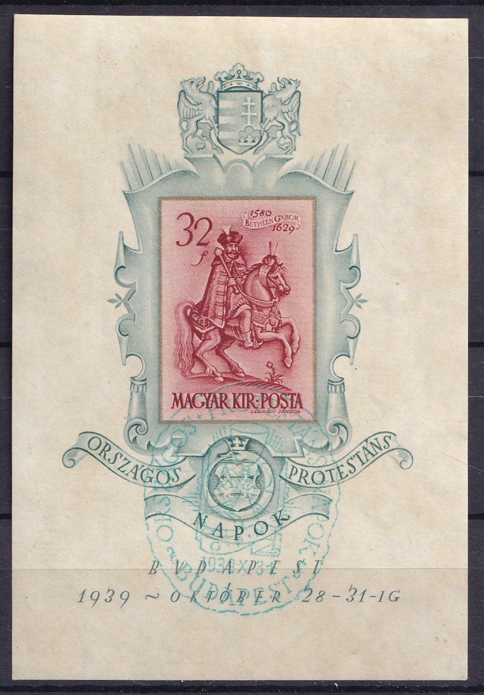 1939. Bethlen-blokk, kékeszöld színű alkalmi bélyegzéssel.