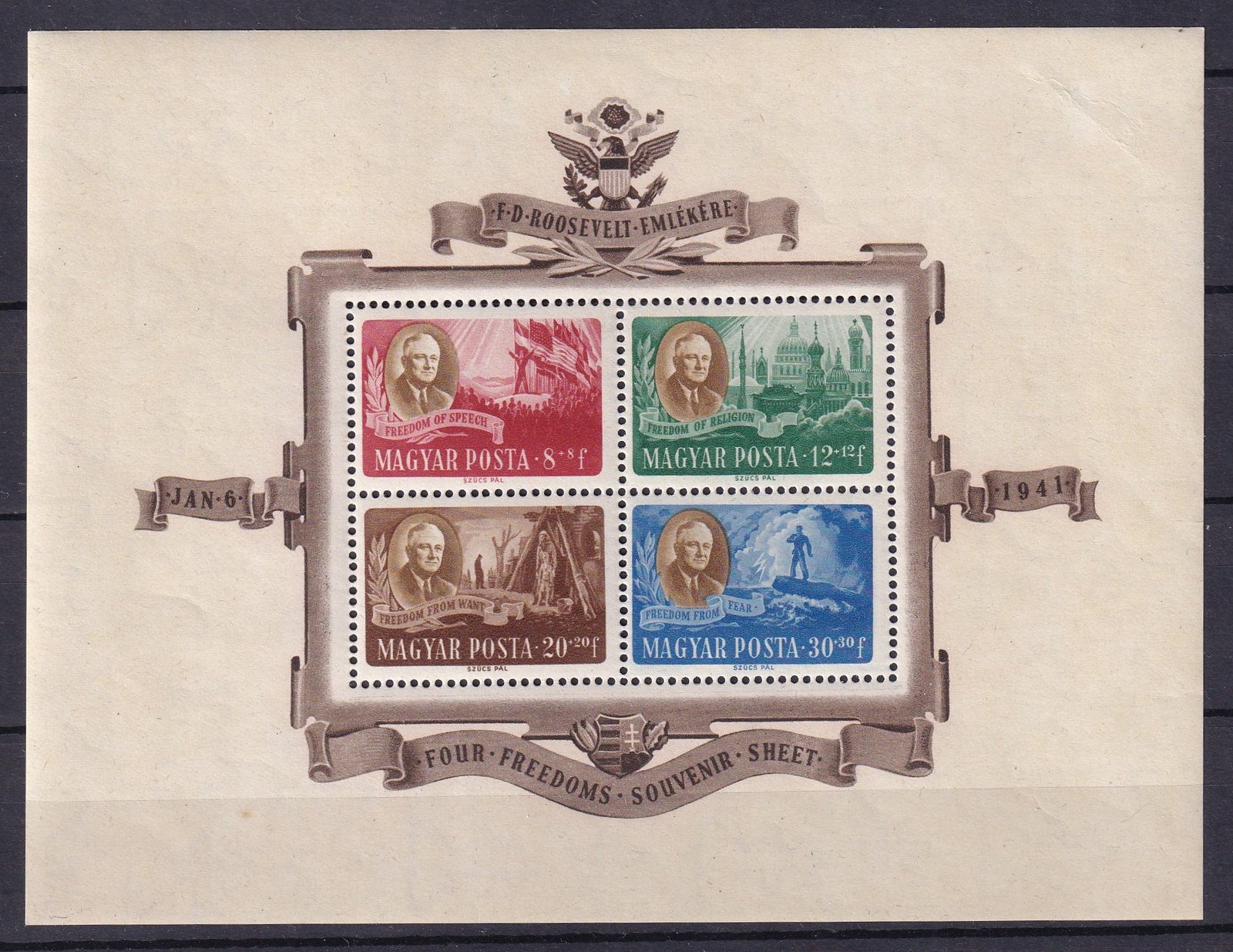 1947. F. D. Roosevelt blokk - régi törésnyom a bal felső sarokban