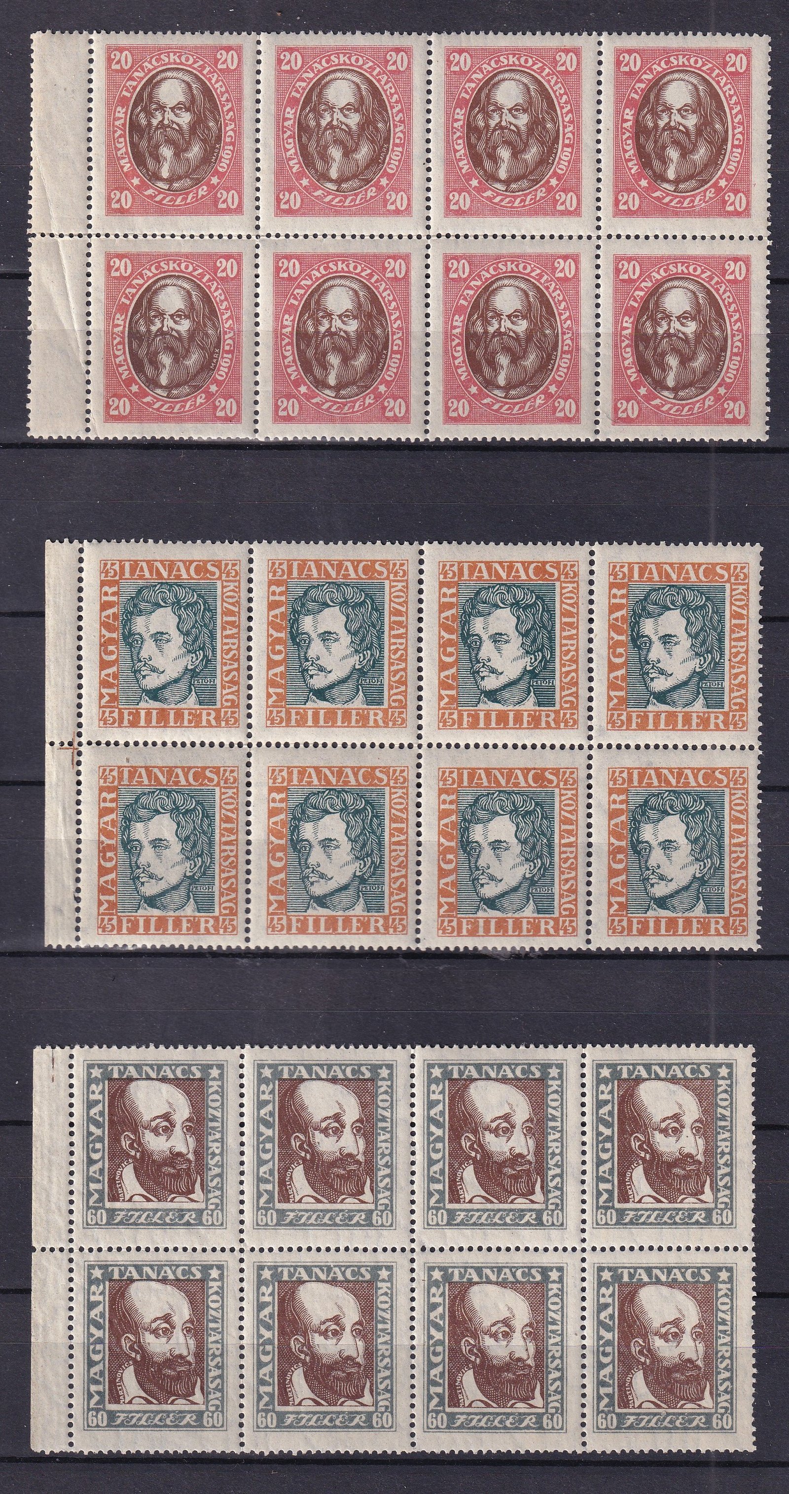 1919. Tanácsköztársaság arcképei sor nagy ívszéli tömbökben