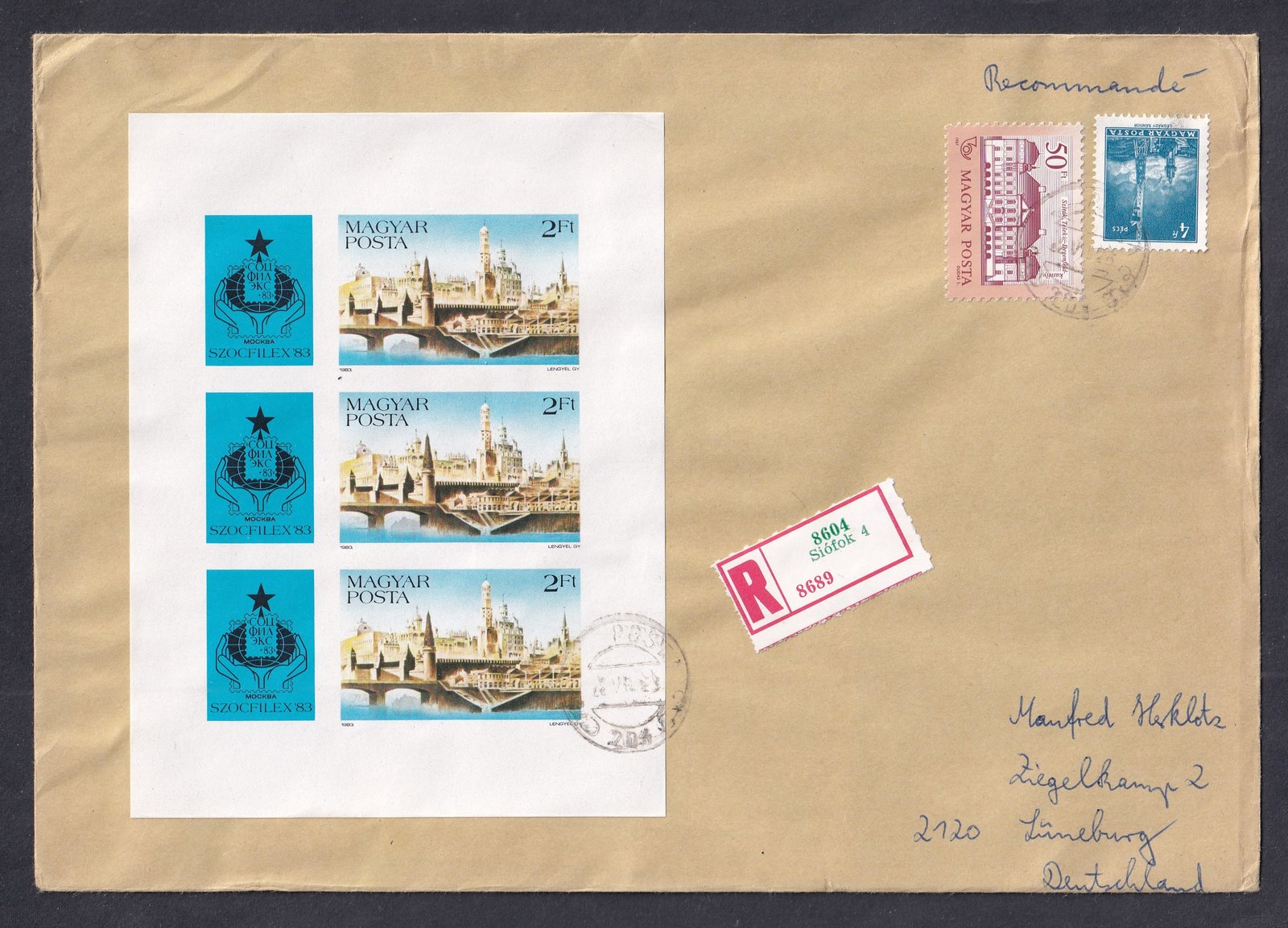 1992. Siófok – Németországba küldött ajánlott levél, SZOCFILEX (1983) vágott kisívvel, eredeti feladóvénnyel