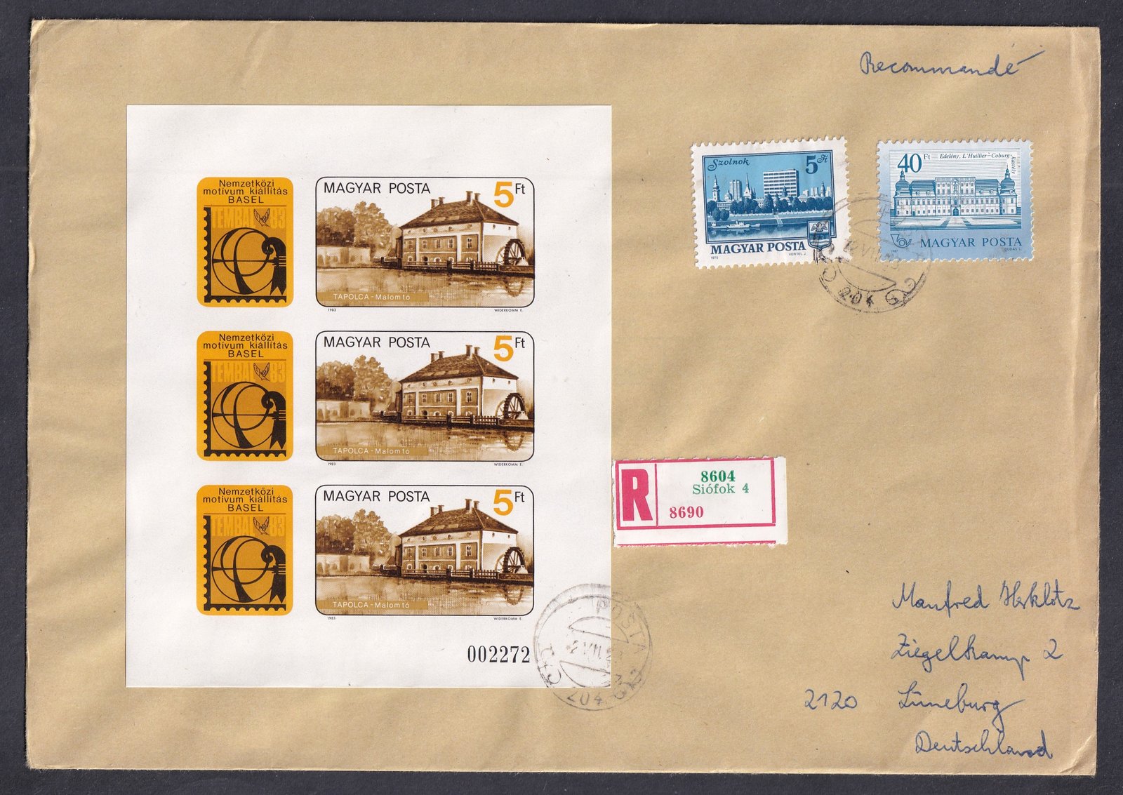 1992. Siófok – Németországba feladott ajánlott levél, TEMBAL (1983) vágott kisívvel, eredeti feladóvénnyel