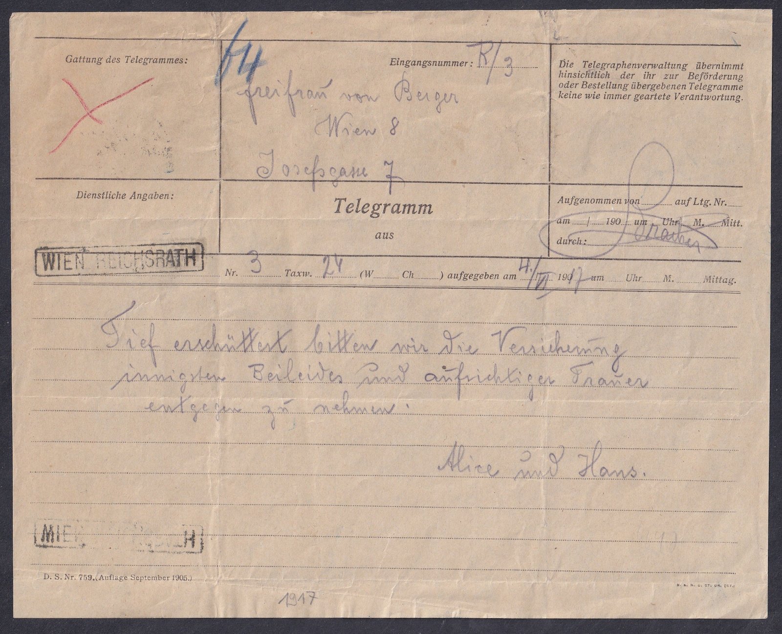 IMG_20260324_0031 1917. június 4-én Bécsben, a Reichsrat (parlament) épületében működő távíró hivatalban kiállított és a címzett részére továbbított távirat, „WIEN REICHSRATH” hivataljelzéssel