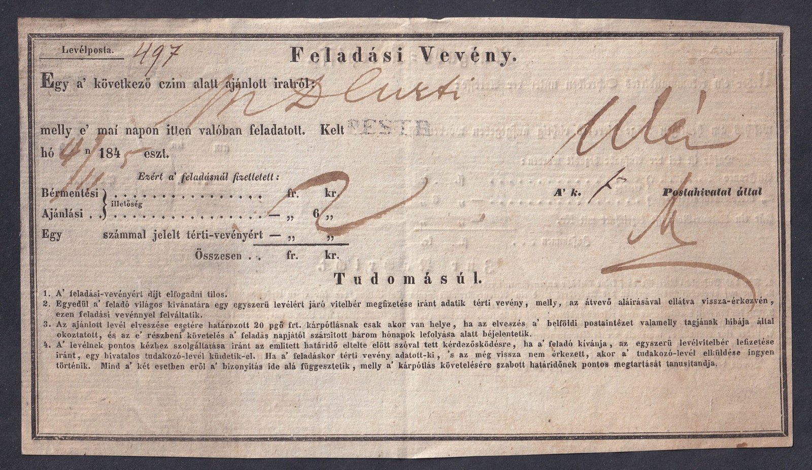 1845. (nagy alakú) Feladási vevény - PEST, Bécsbe feladott ajánlott levélről