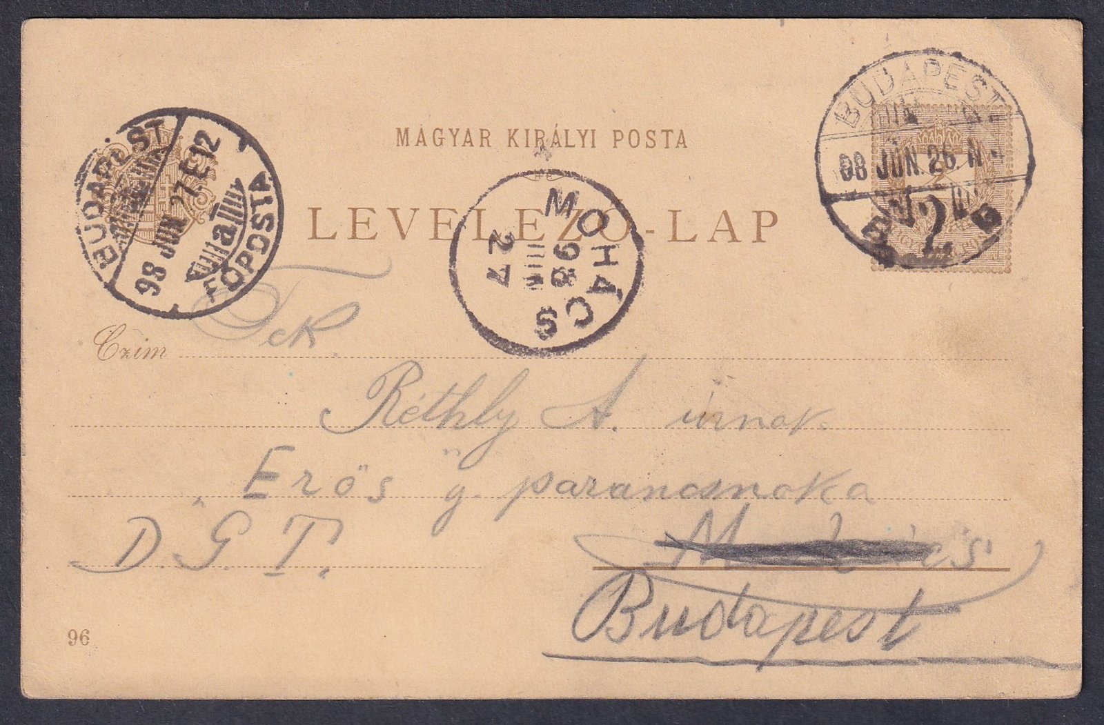 1898. Budapest, Mohácsra az Első Dunagőzhajózási Társaság (DGT) parancsnokának feladott levelezőlap, vissza küldve Bp-re