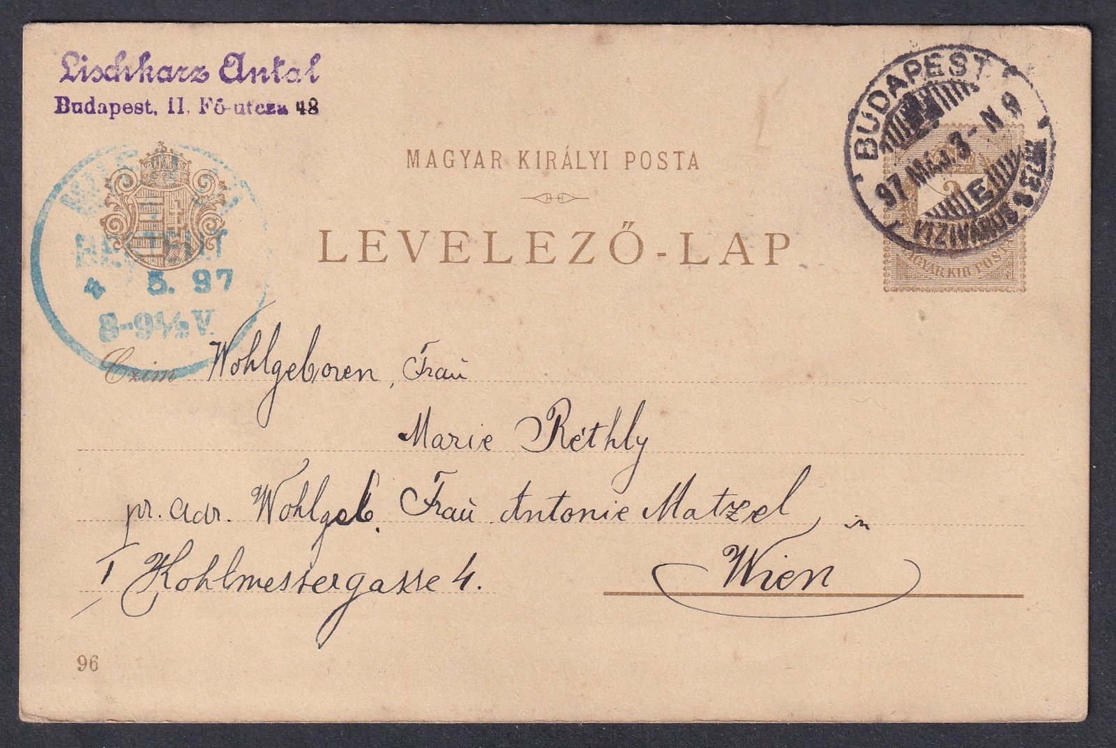 Millenniumi díjjegyes levelezőlap, erősen elcsúszott alapnyomattal - Budapesten Bécsbe feladott küldemény