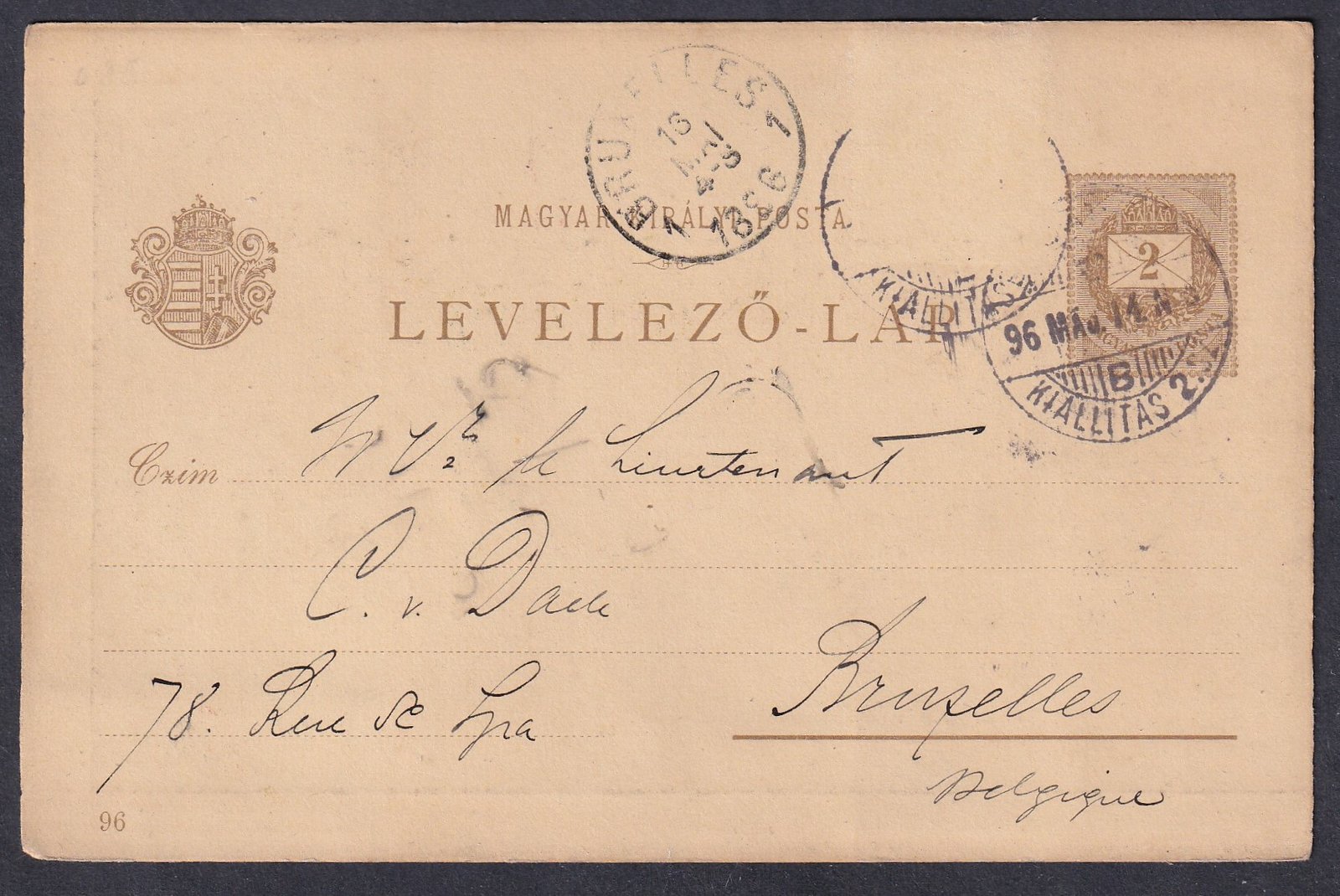 1896. Millenniumi díjjegyes levelezőlap, futott lap hiányzó díjkiegészítéssel