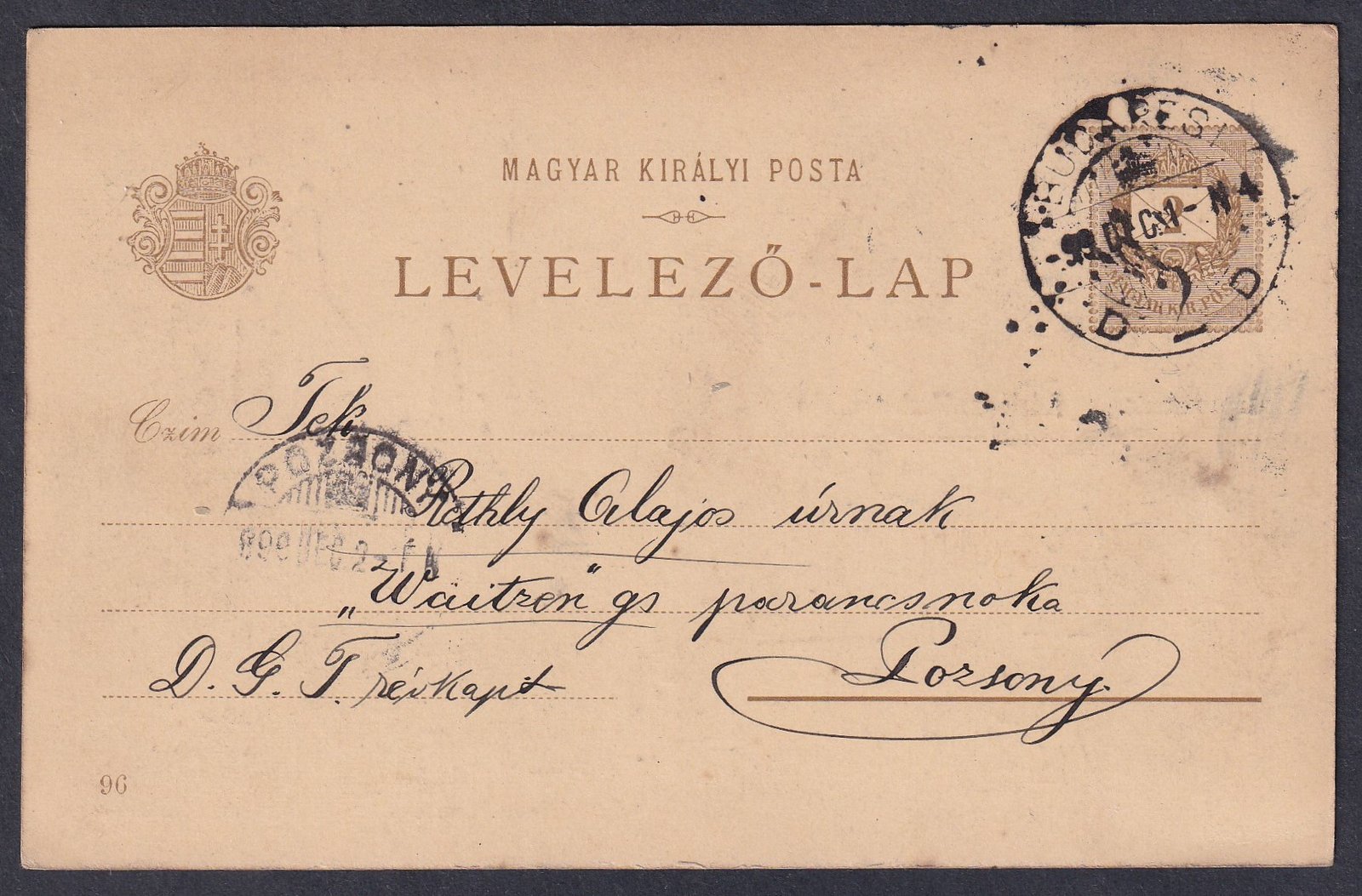 1899. Budapest, Pozsonyba feladott Millenniumi díjjegyes levelezőlap