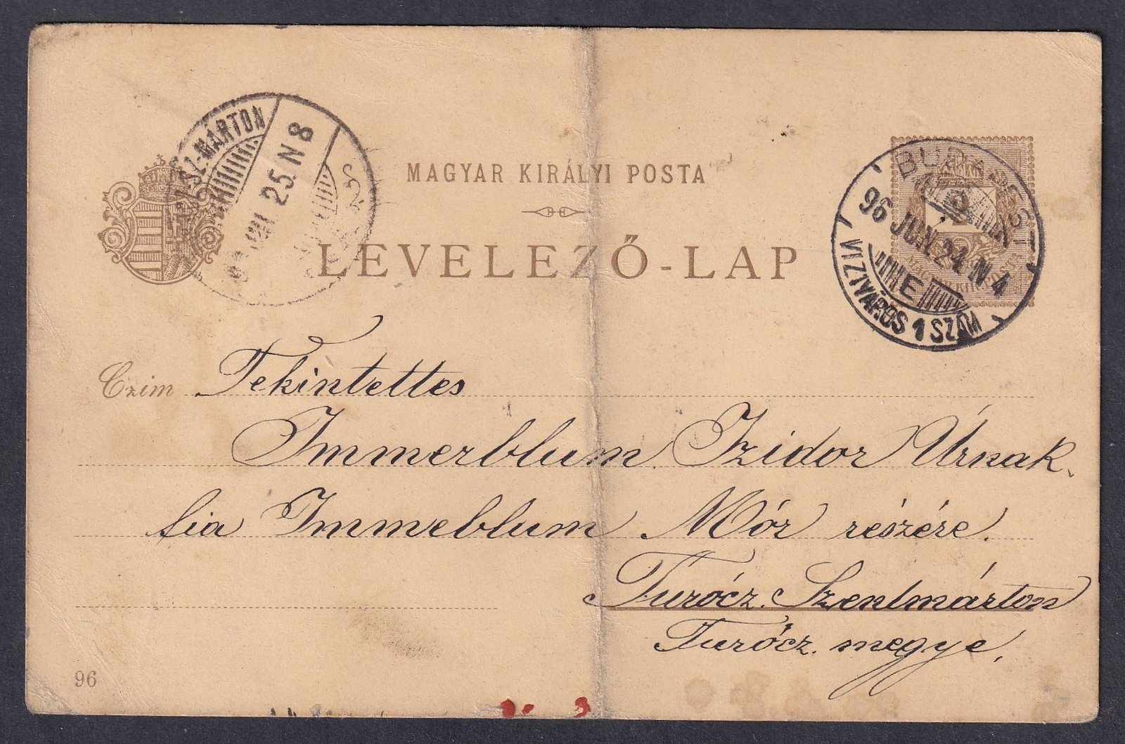 1896. Budapest, Túrócz Szentmártonra feladott Millenniumi díjjegyes levelezőlap (töréssel)