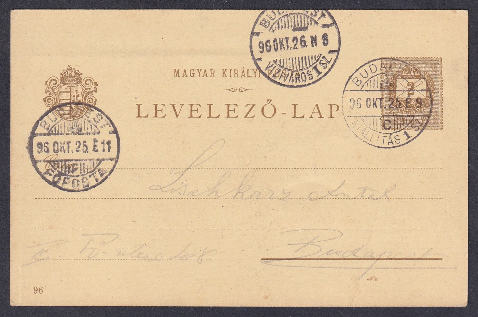 1896. október 25-én az utólső héten, Budapesten, helyben feladott Millenniumi díjjegyes levelezőlap