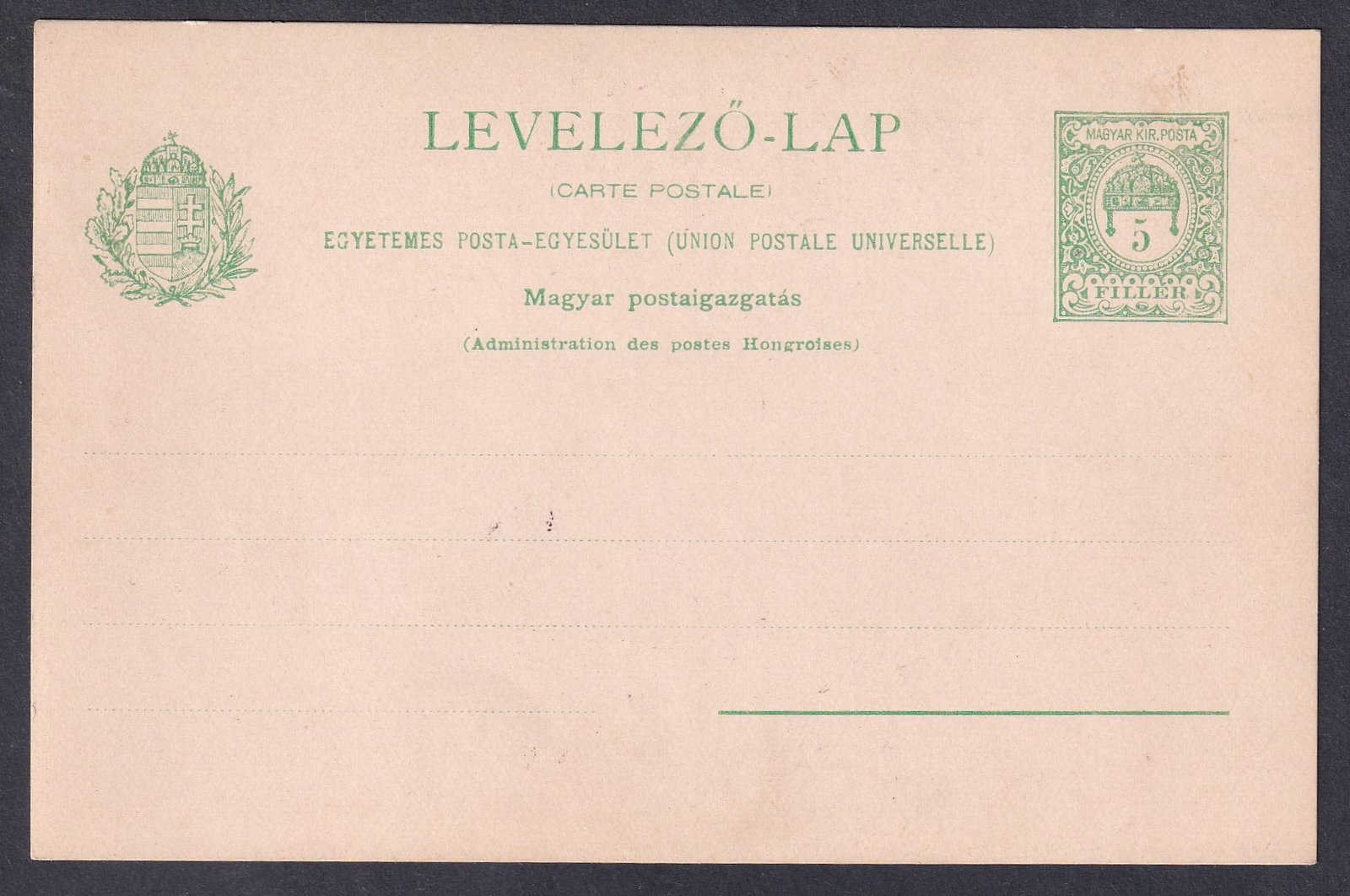 1900. használatlan 5f levelezőlap, I-es típusú címerrel