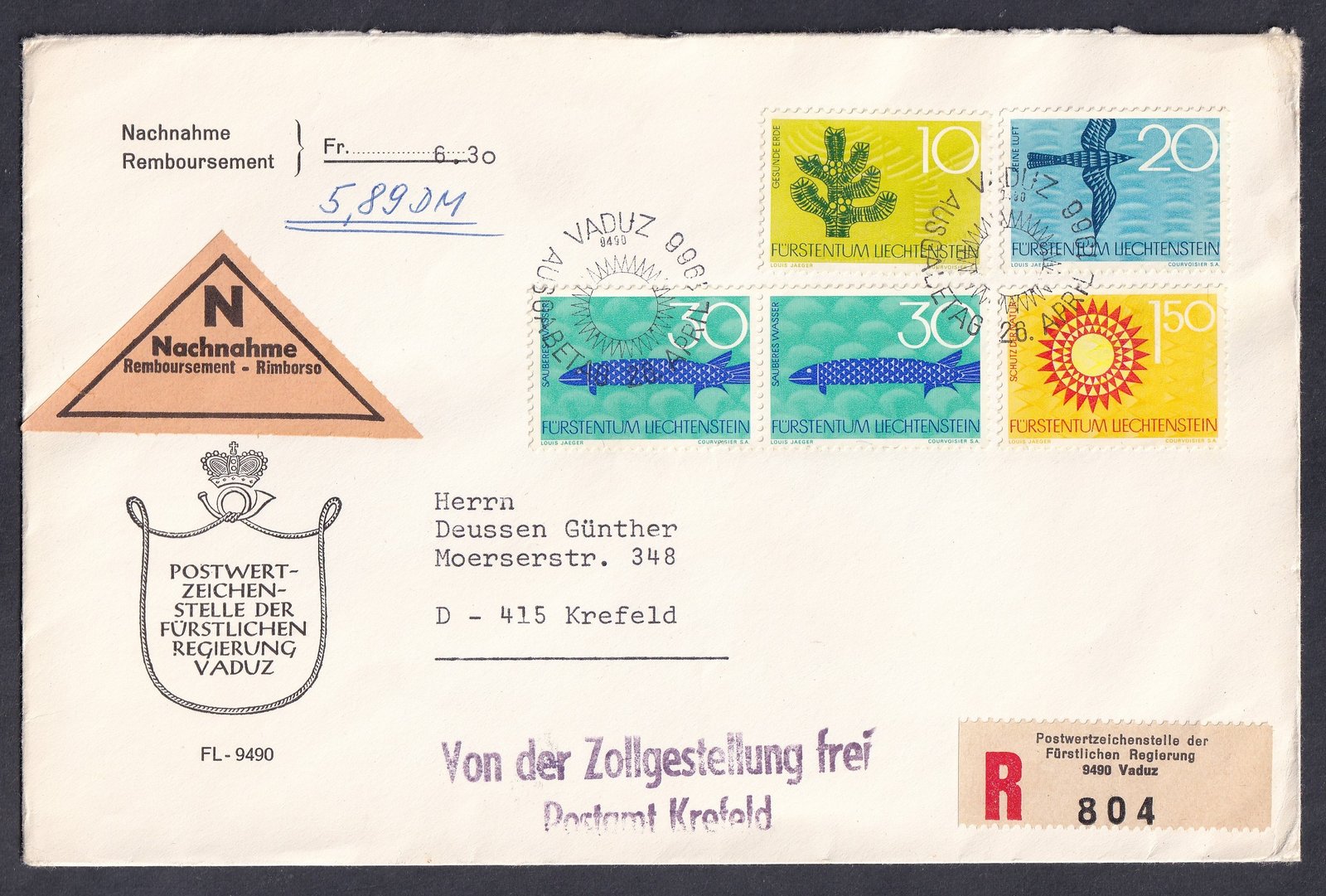 1966. Liechtenstein, Németországba feladott ajánlott utánvétel levél