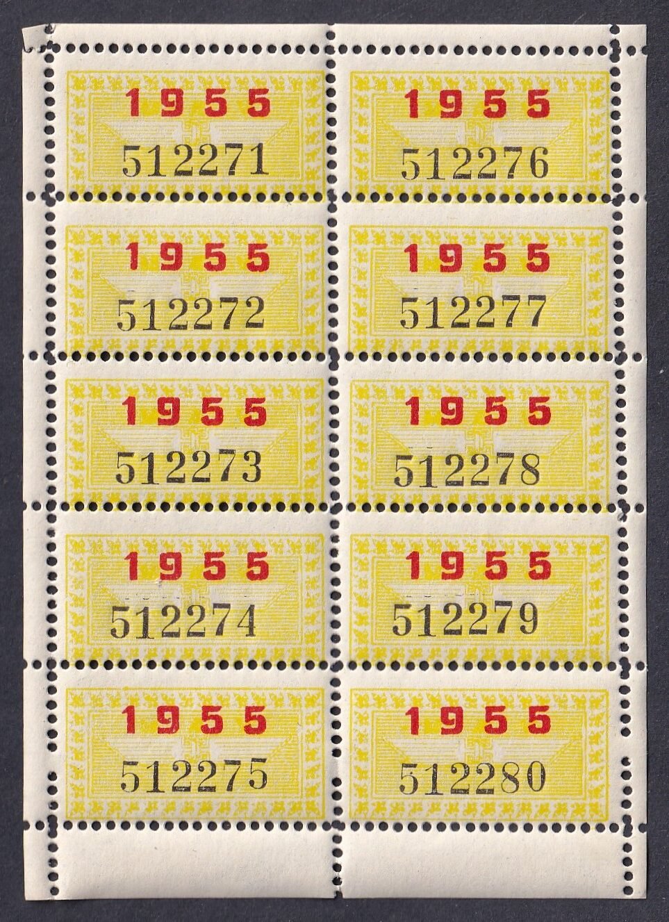 1955. MÁV – vasúti bérlet-igazolvány érvényesítő bélyeg, teljes kisív