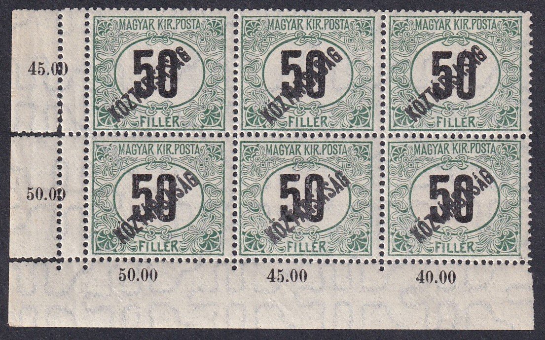 1919. Köztársaság Portó 50f, ívsarki 6-os tömb kettős fogazással