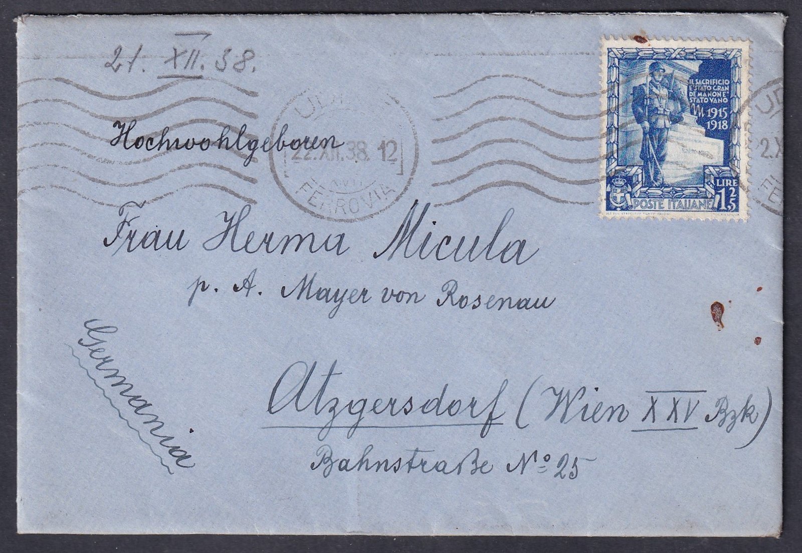 1938. Olasz Királyság, Bécsbe feladott levél tartalommal