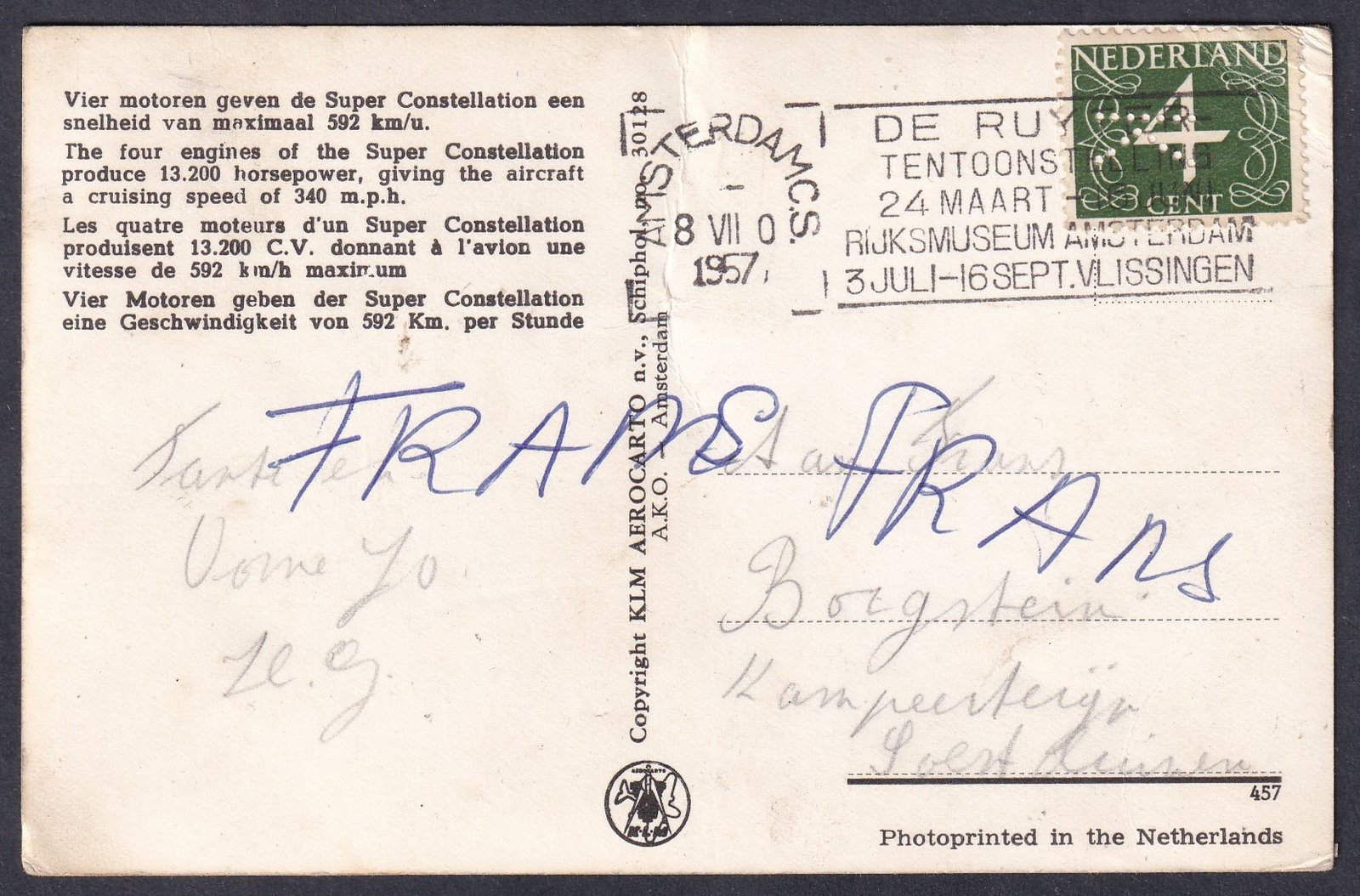 1957. KLM „Super Constellation – Nucleon” repülőgépet ábrázoló képeslap, „De Ruyter” kiállítási alkalmi bélyegzéssel (Rijksmuseum Amsterdam – Vlissingen), külföldre küldve