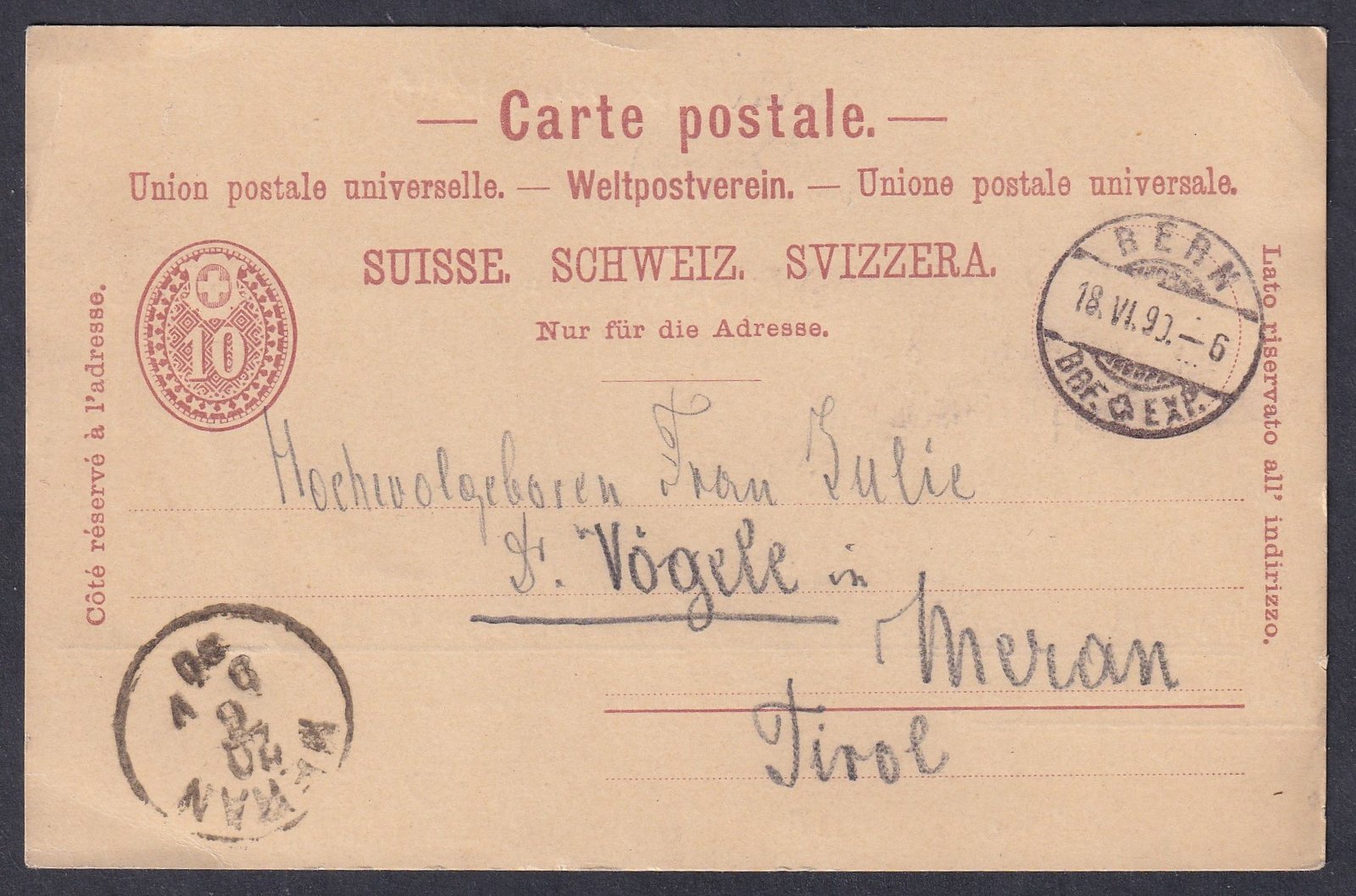 1895. Svájc, 10c UPU díjjegyes levelezőlap, belföldi használatban
