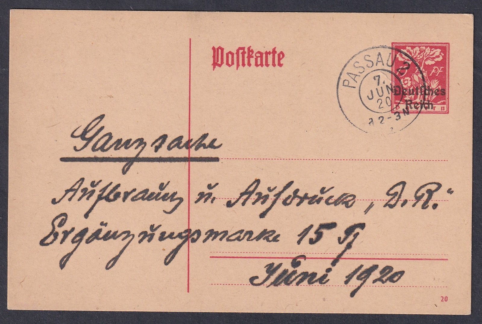 1920. Deutsches Reich díjjegyes levelezőlap