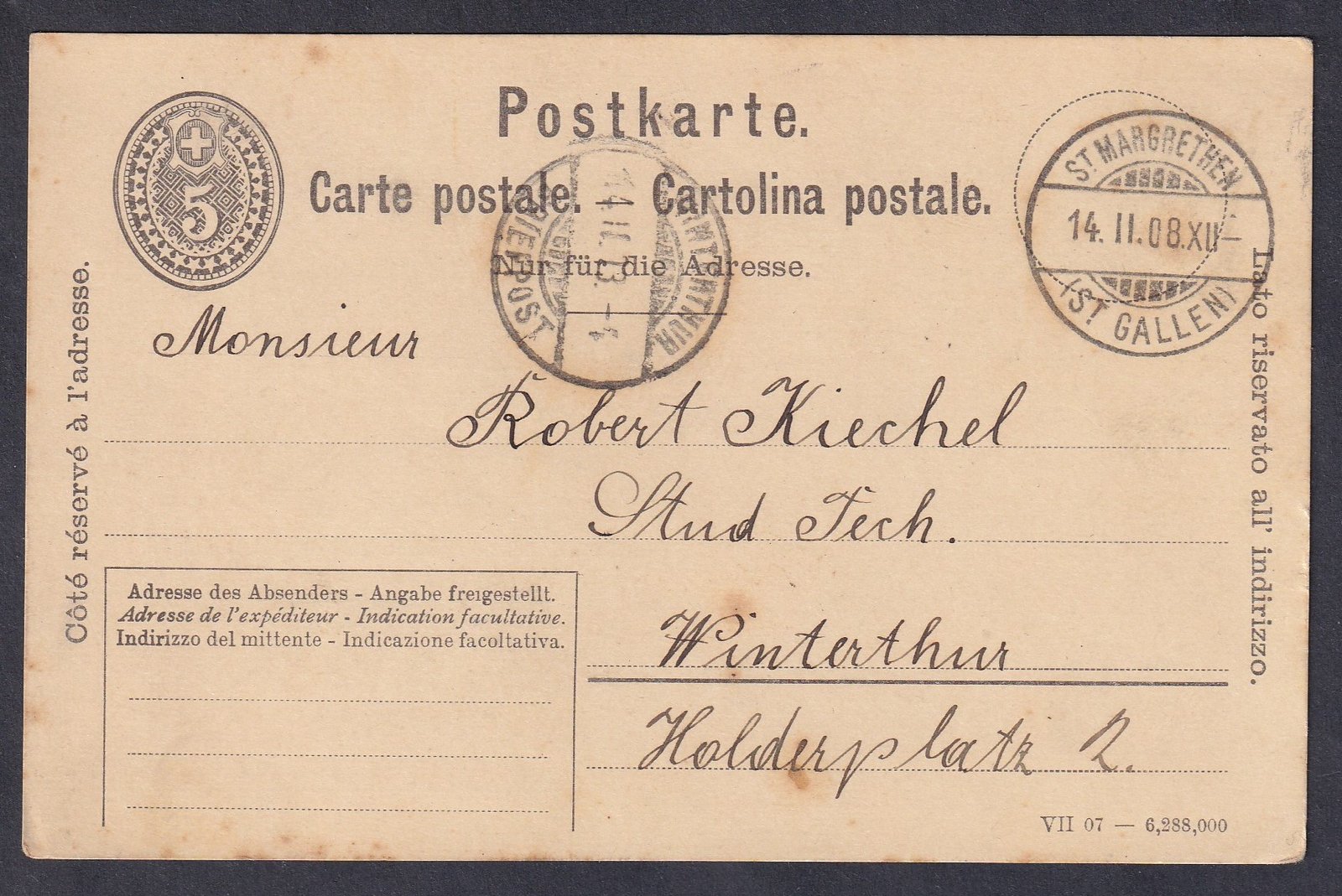 1908. Svájci díjjegyes levelezőlap (5 c), St. Margrethen feladással, Winterthur címzéssel, szép bélyegzéssel