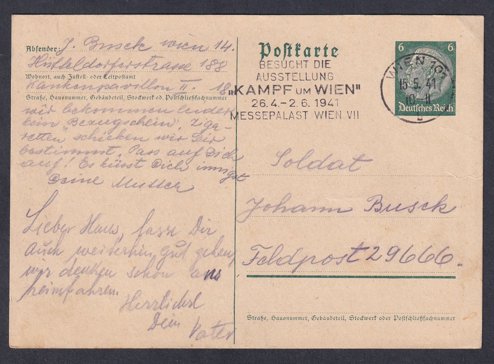 1941. Bécs, Harmadik birodalmi díjjegyes levelezőlap, tábori posta címre feladva