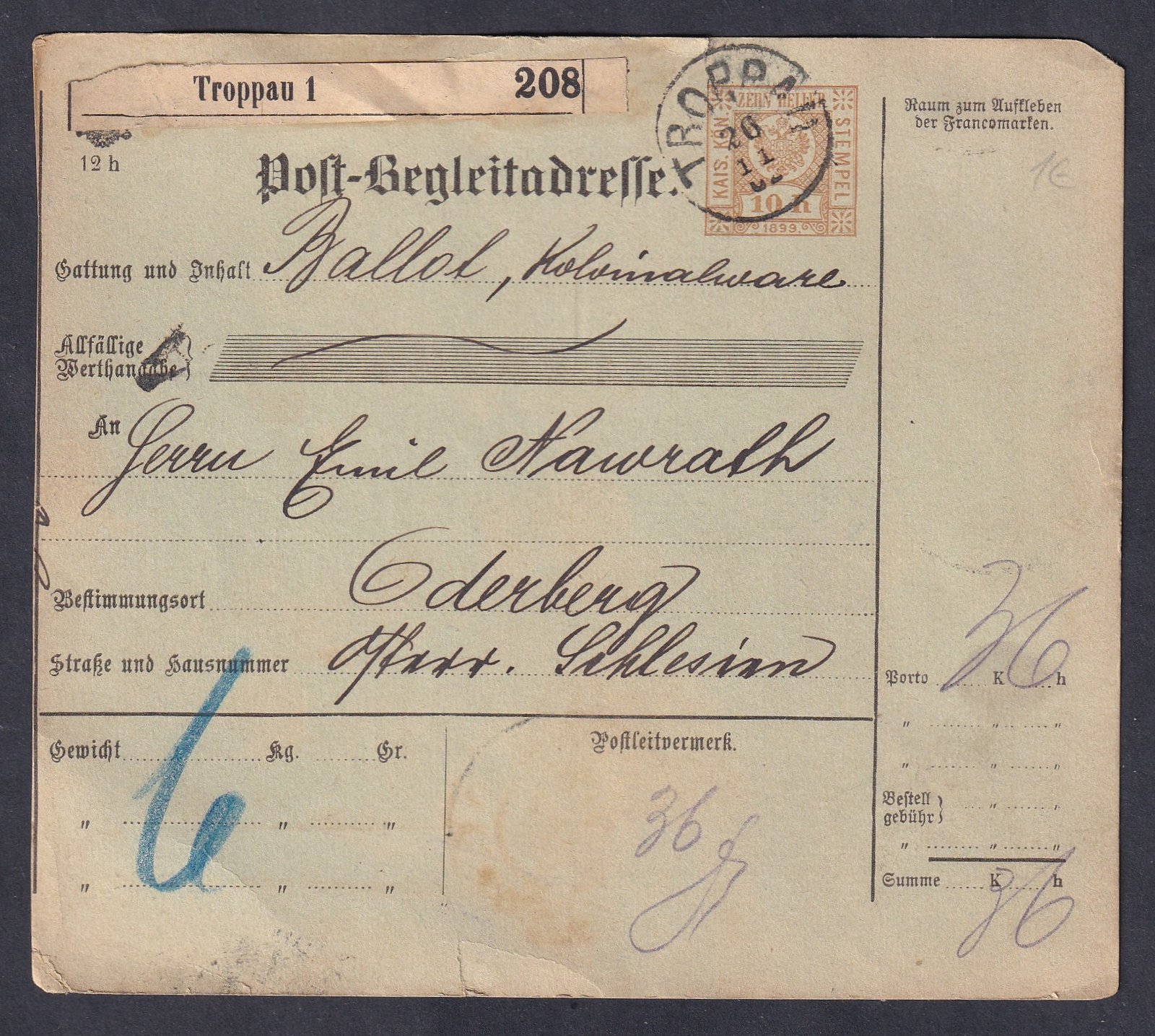 1902. Troppau (Opawa), Oderberg-be feladott csomagkísérő lap, a csomagdíj 36H készpénzzel fizetve