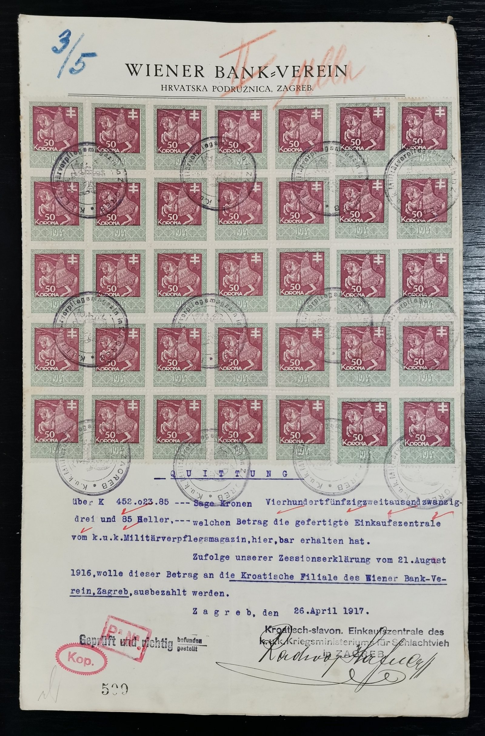 1917. Zágráb – 452 023 Korona 85 heller kifizetés, 6792 K illeték, K.u.K. katonai nyugta, látványos illetékbélyeges dokumentum