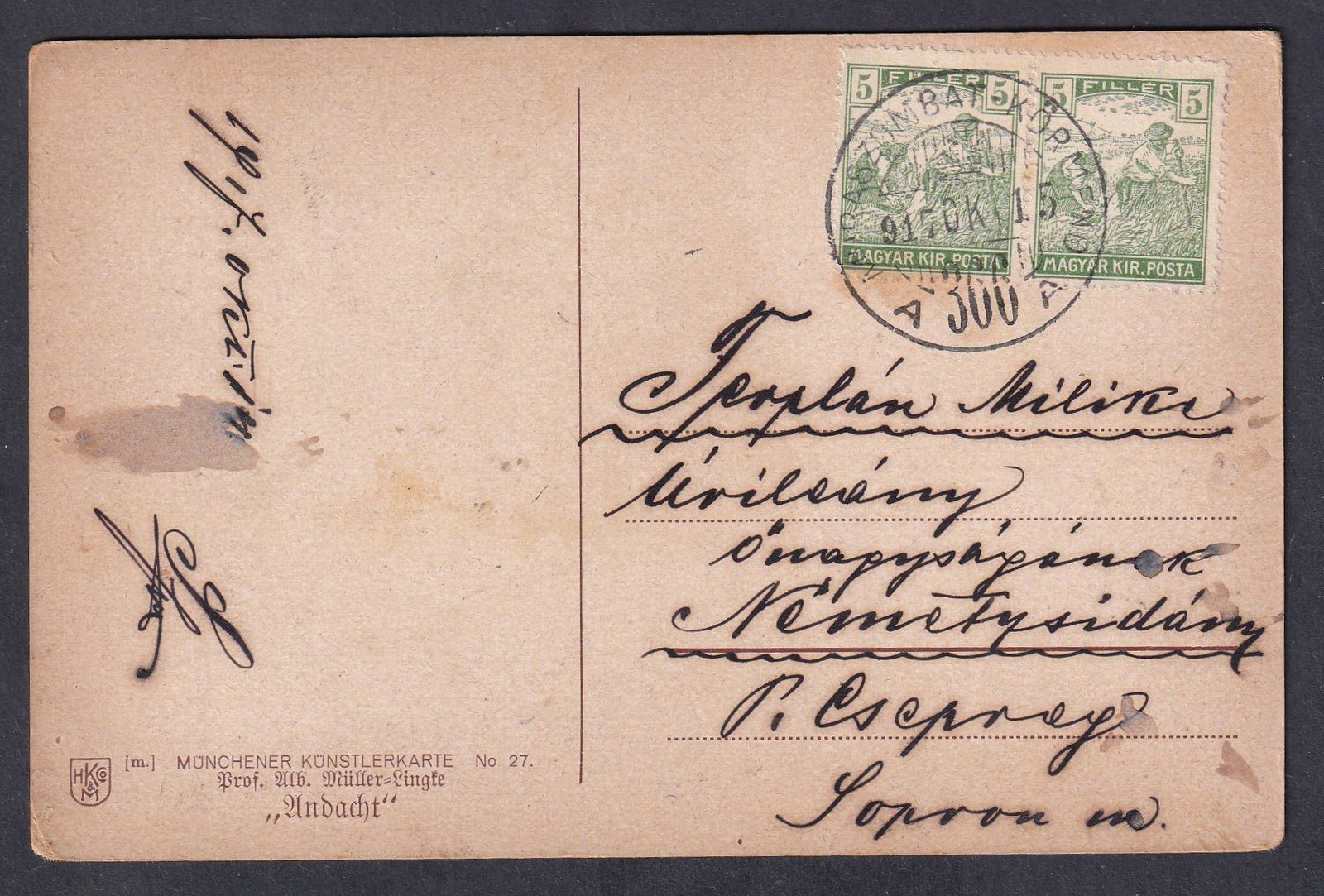 1917. MURASZOMBAT - KÖRMEND mozgópostán, Csepregre feladott képeslap