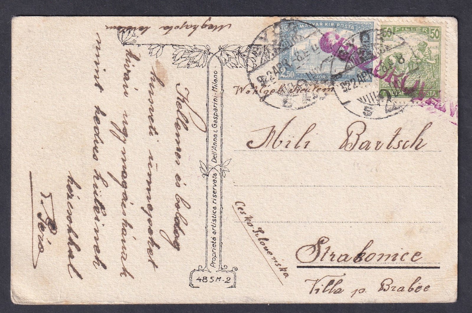 1922. /4.dsz./ Strakonice (Csehszlovákia) -ba feladott, alul bérmentesített levelezőlap, vörös cenzúra bélyegzéssel