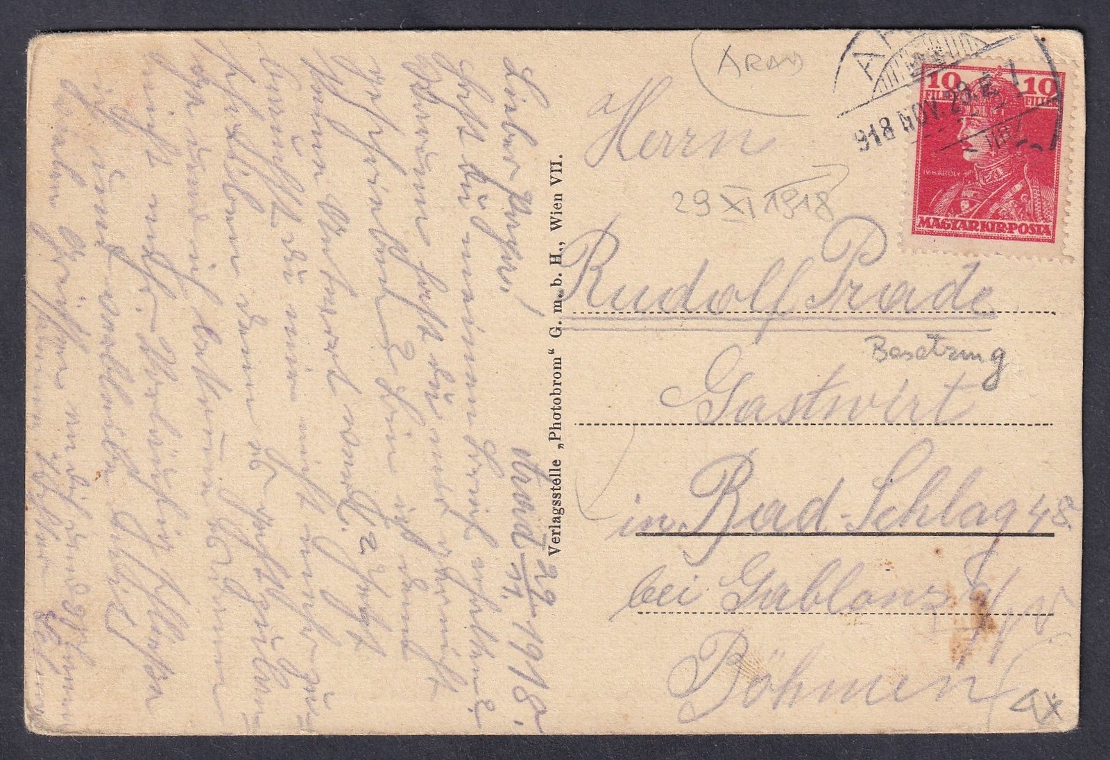 1918. ARAD, Bad Schlag (Jablonec nad Nisou)-ba feladott (Semlin) képeslap