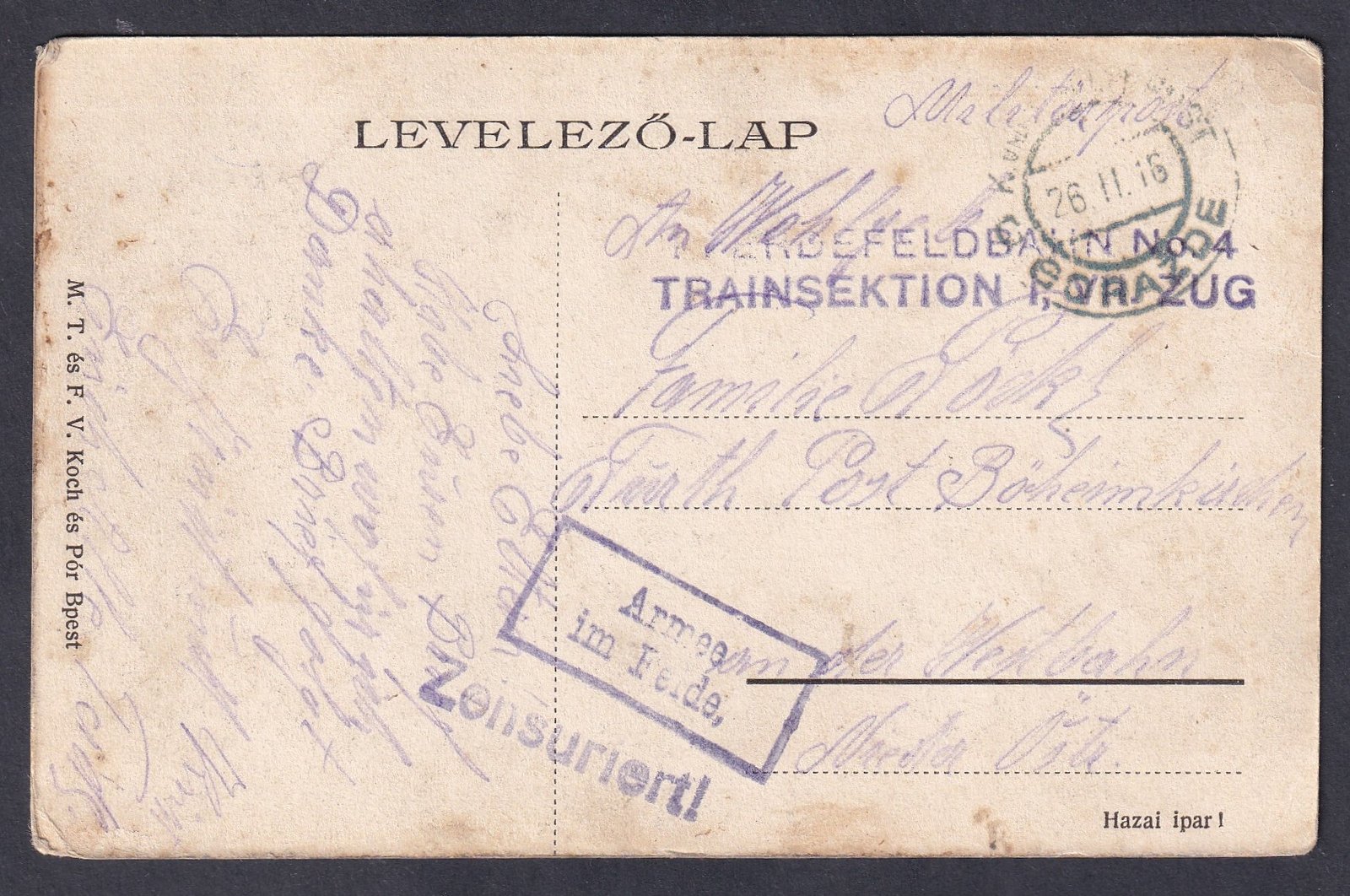1916. Tábori posta, Feldbahn No. 4 – ellátmányvonat (Proviantzug), cenzúrázott díjjegyes levelezőlap, Mária Remete-Szent kút képeslapon