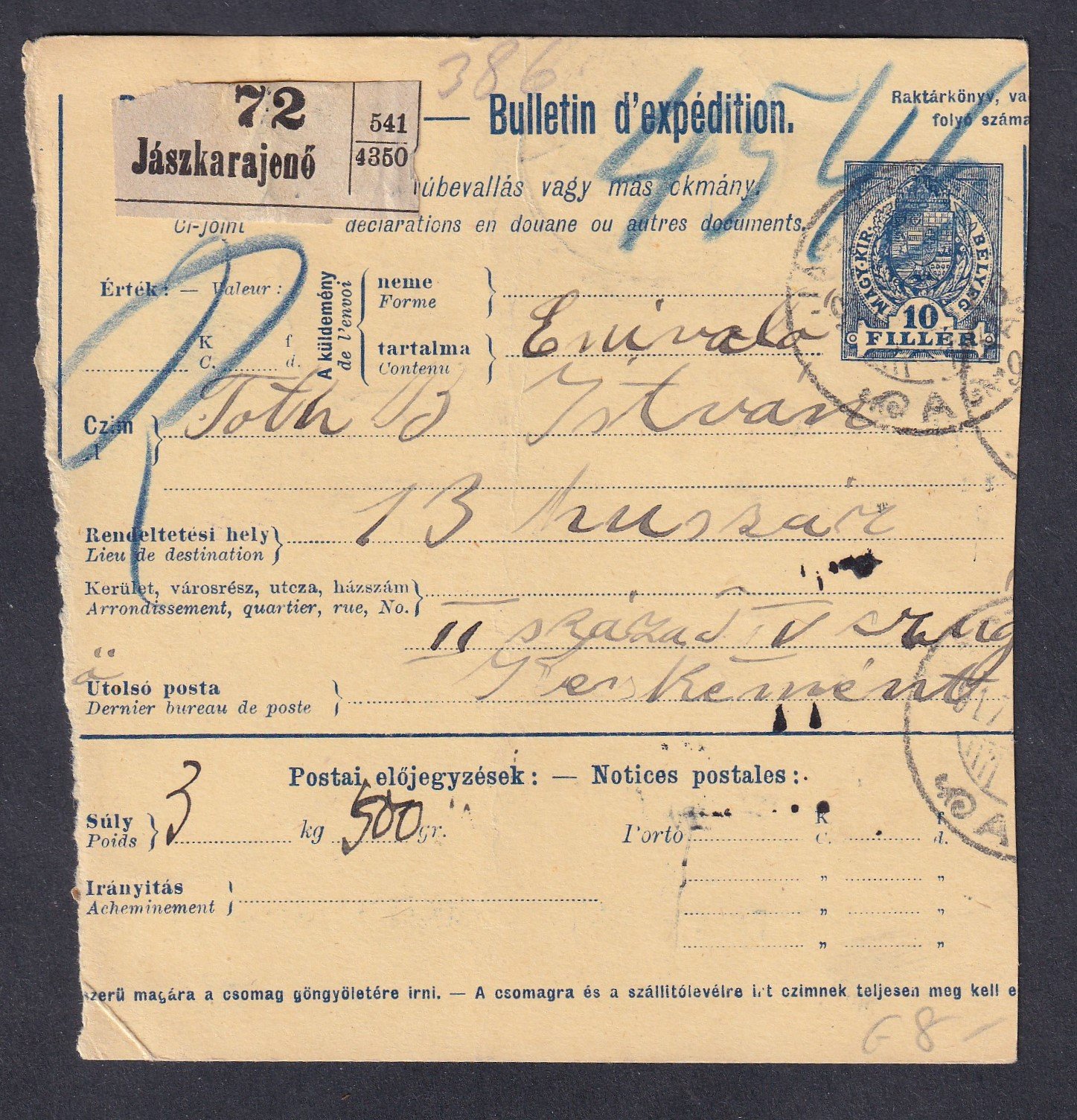 1917. Jászkarajenő, Kecskemétre feladott szállítólevél - 13. számú vadász és huszárezred átvételi bélyegzéssel