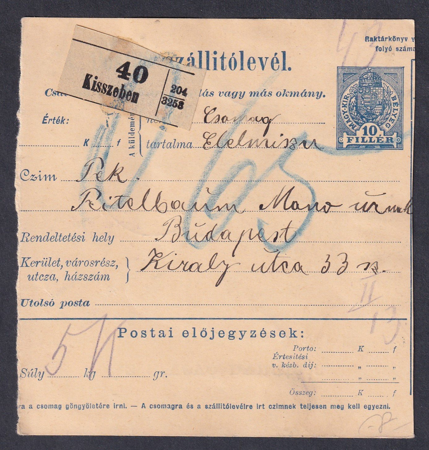 1917. Kisszeben, Budapestre feladott szállítólevél