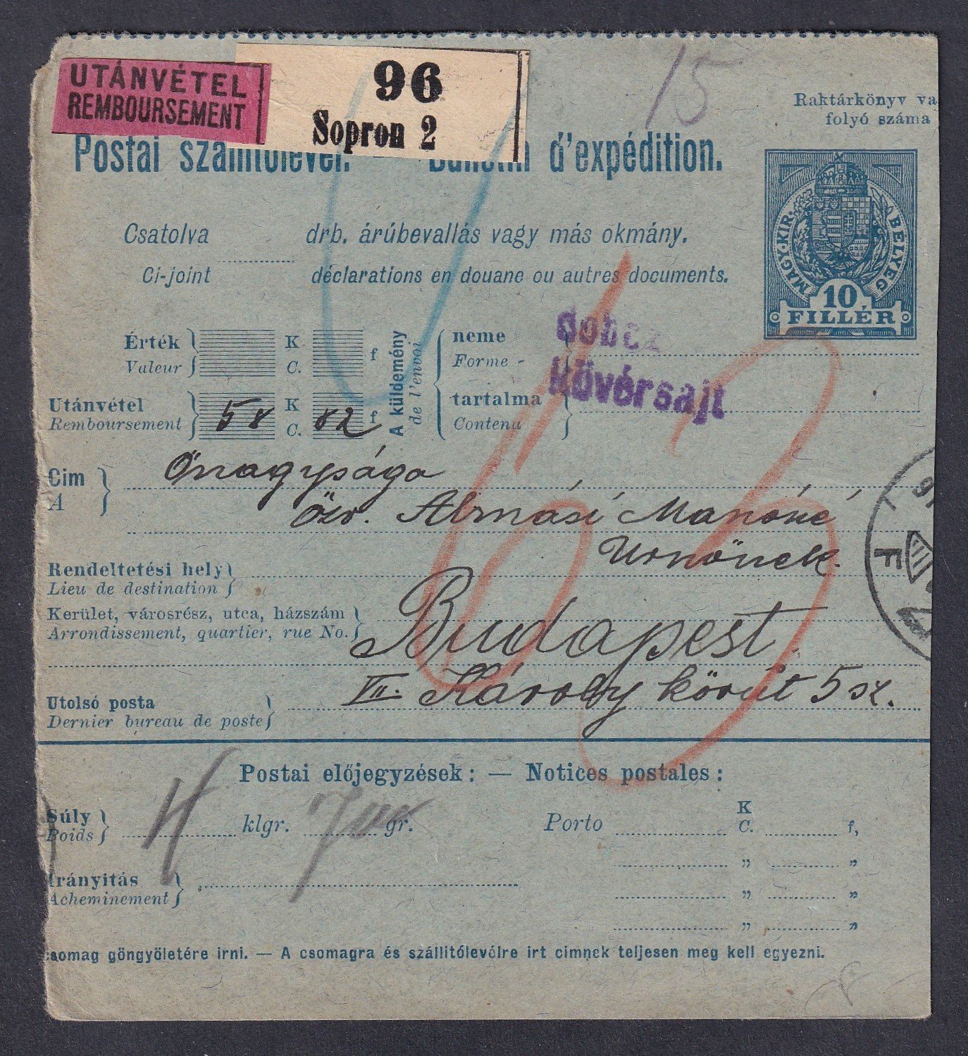 1918. Sopron, Budapestre feladott utánvétel szállítólevél