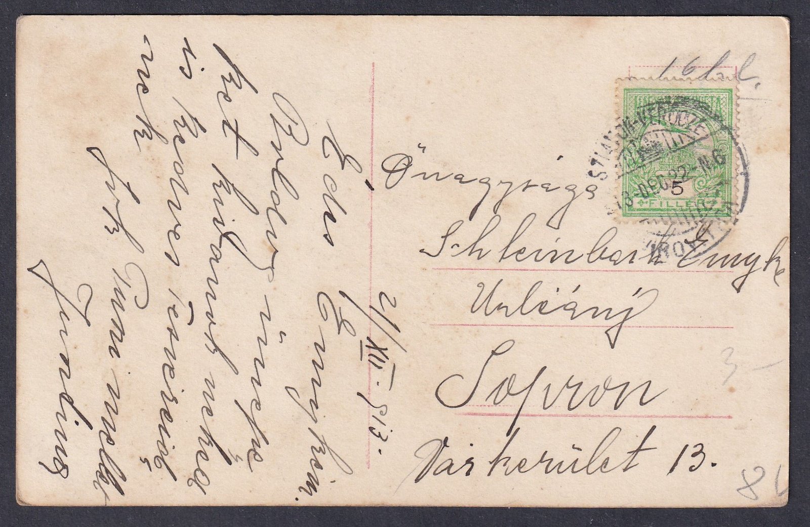 1913. SZLAV.-VERŐCZE / VIROVITICA, Sopron-ba feladott képeslap