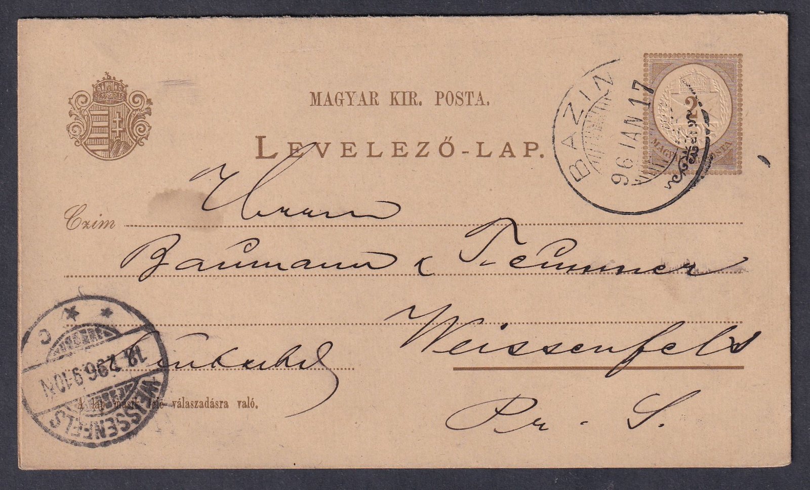 1896. BAZIN, Weissenfels-be feladott 2+2kr válaszlapos levelező lap, tőlappal együtt