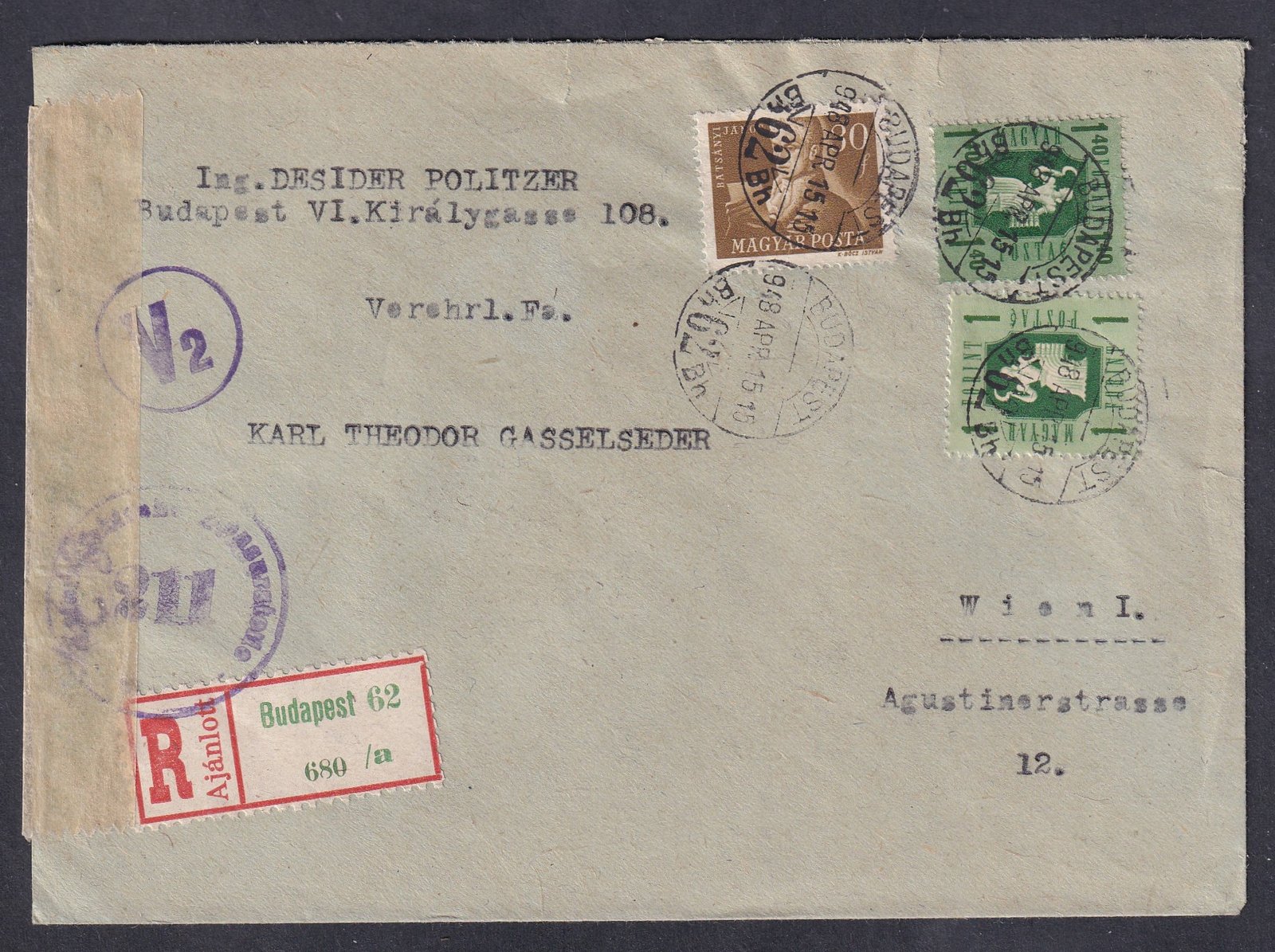 1948. Budapest, Bécsbe feladott ajánlott levél