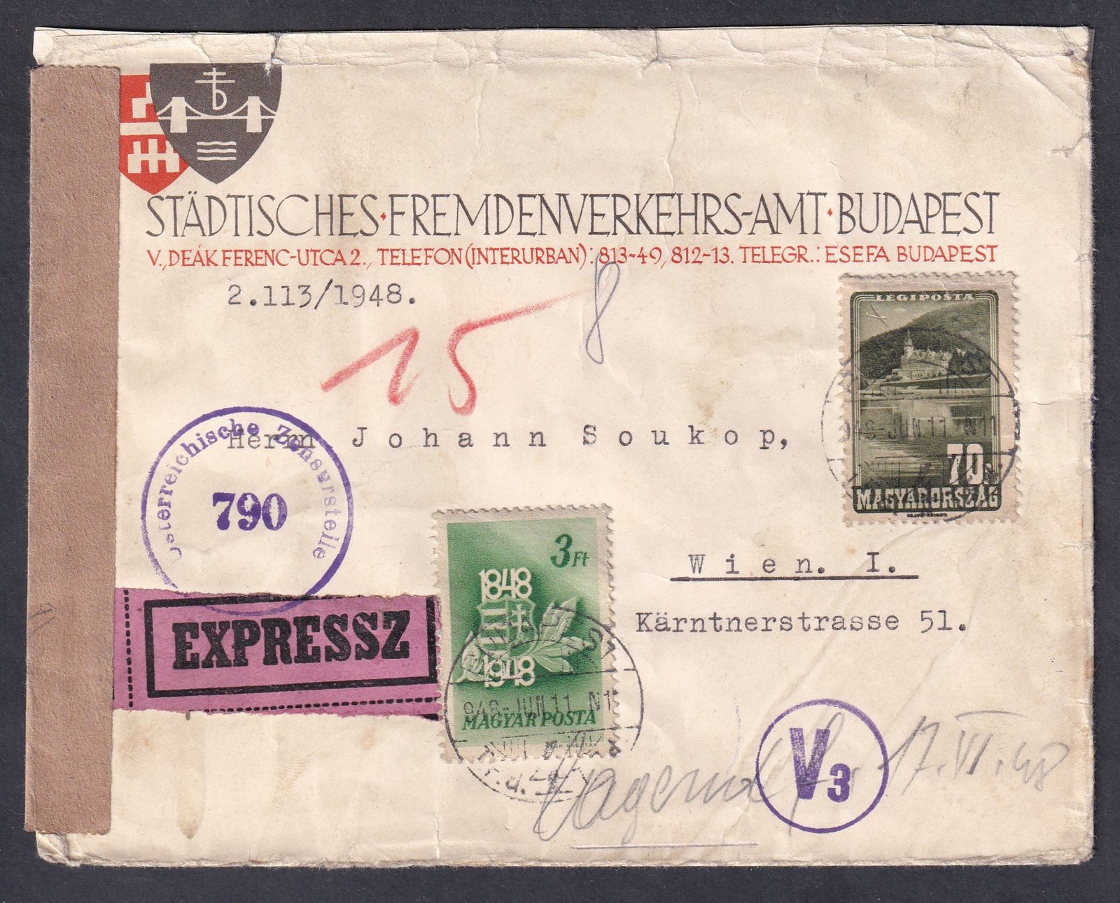 1948. Budapest, Bécsbe feladott cenzúrázott expressz levél (csak expressz!!!!)