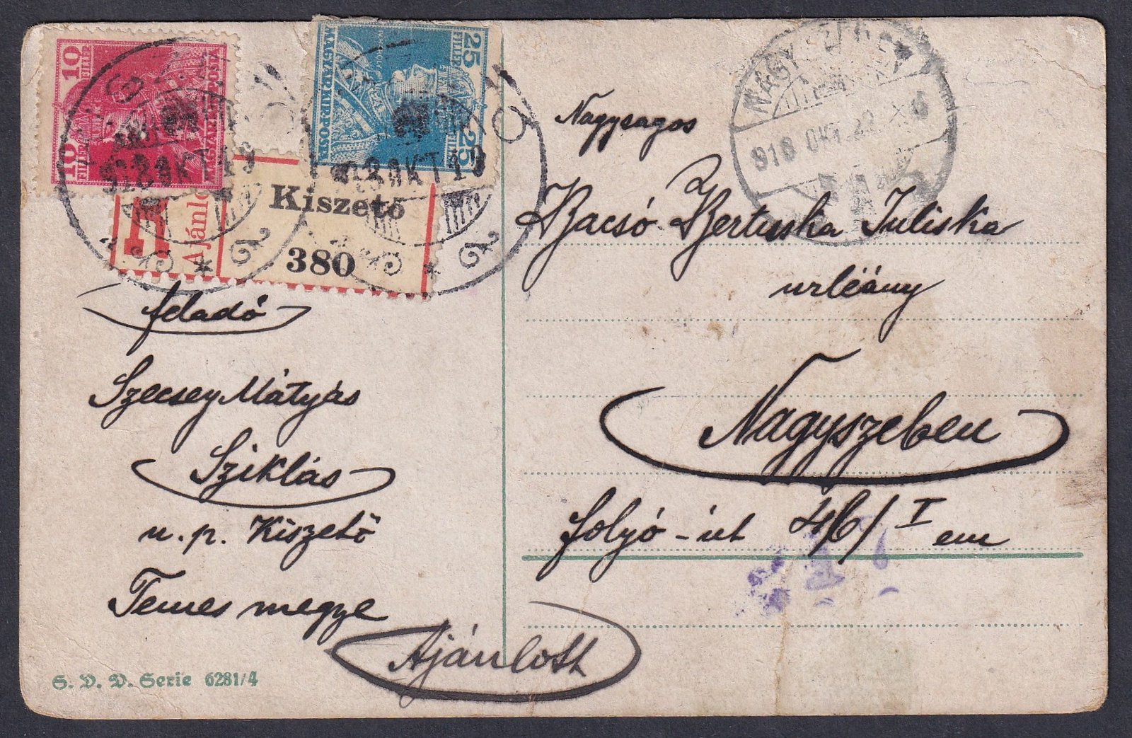 1916. KISZETÓ, ajánlott képes-levelezőlap (Ragjegyen Kiszető)