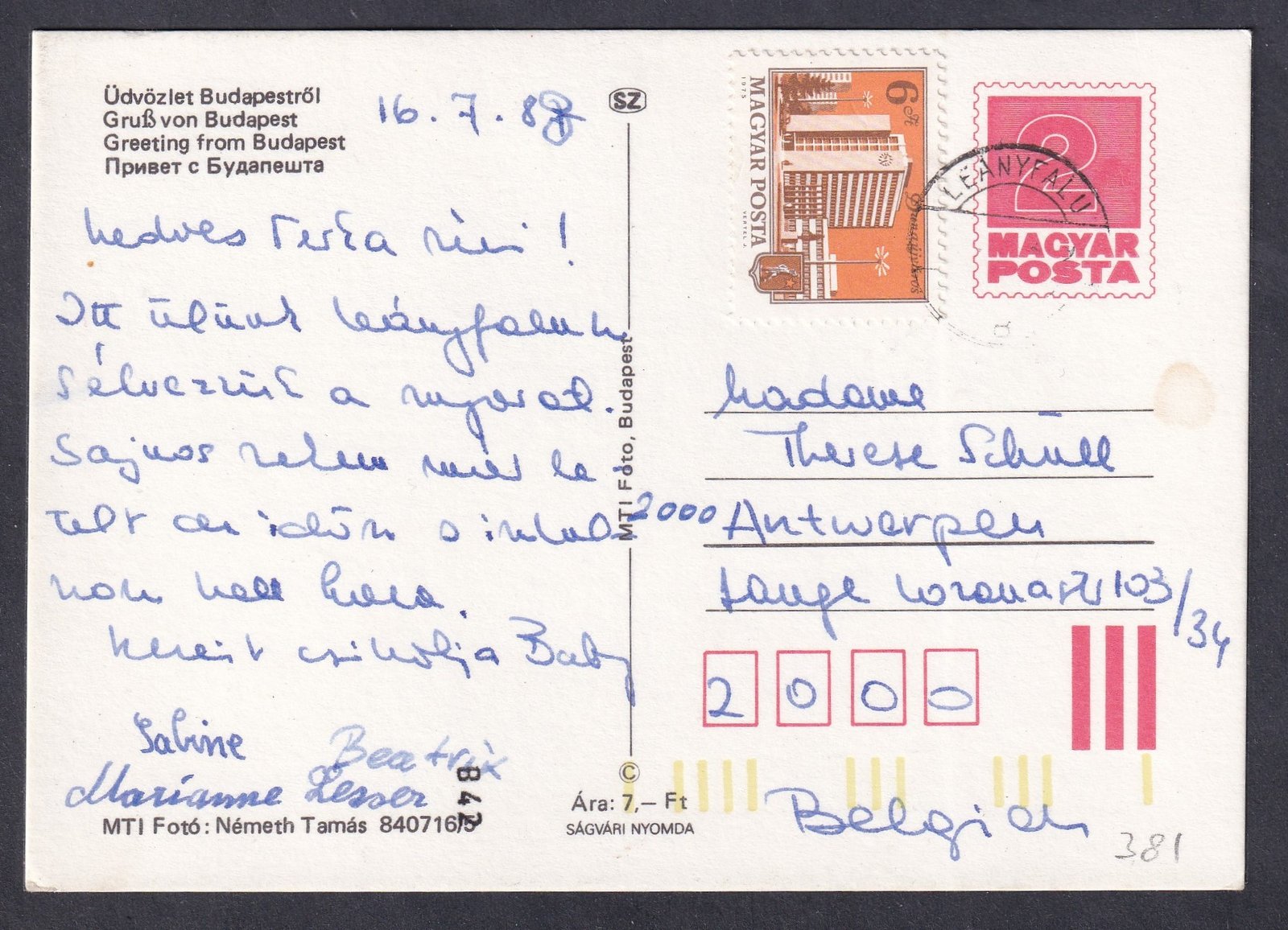 1988. Leányfalu, Belgiumba feladott díjjegyes képes levelezőlap