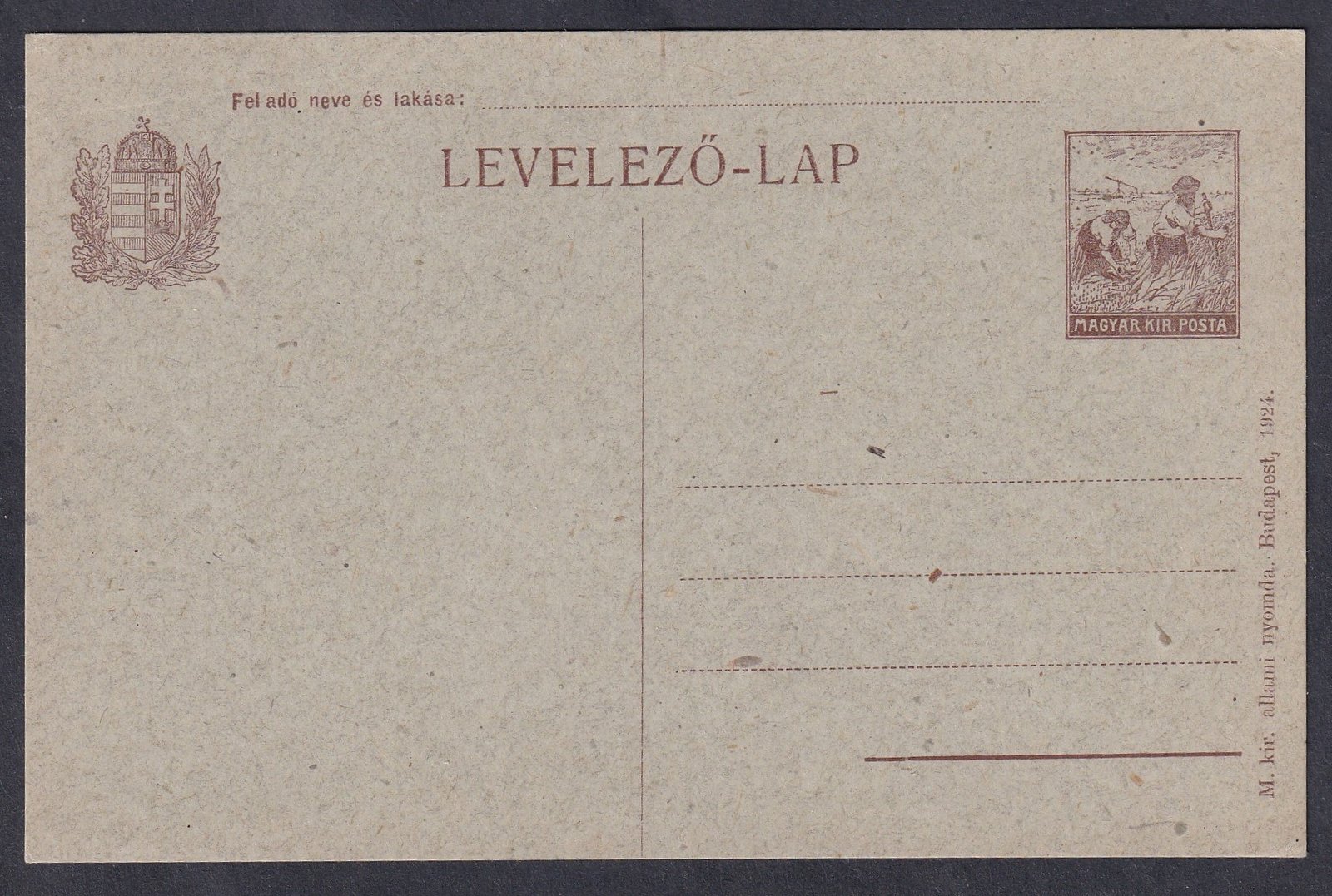 1923. "0" díjjegyes levelező lap, barna nyomaás szürke papíron