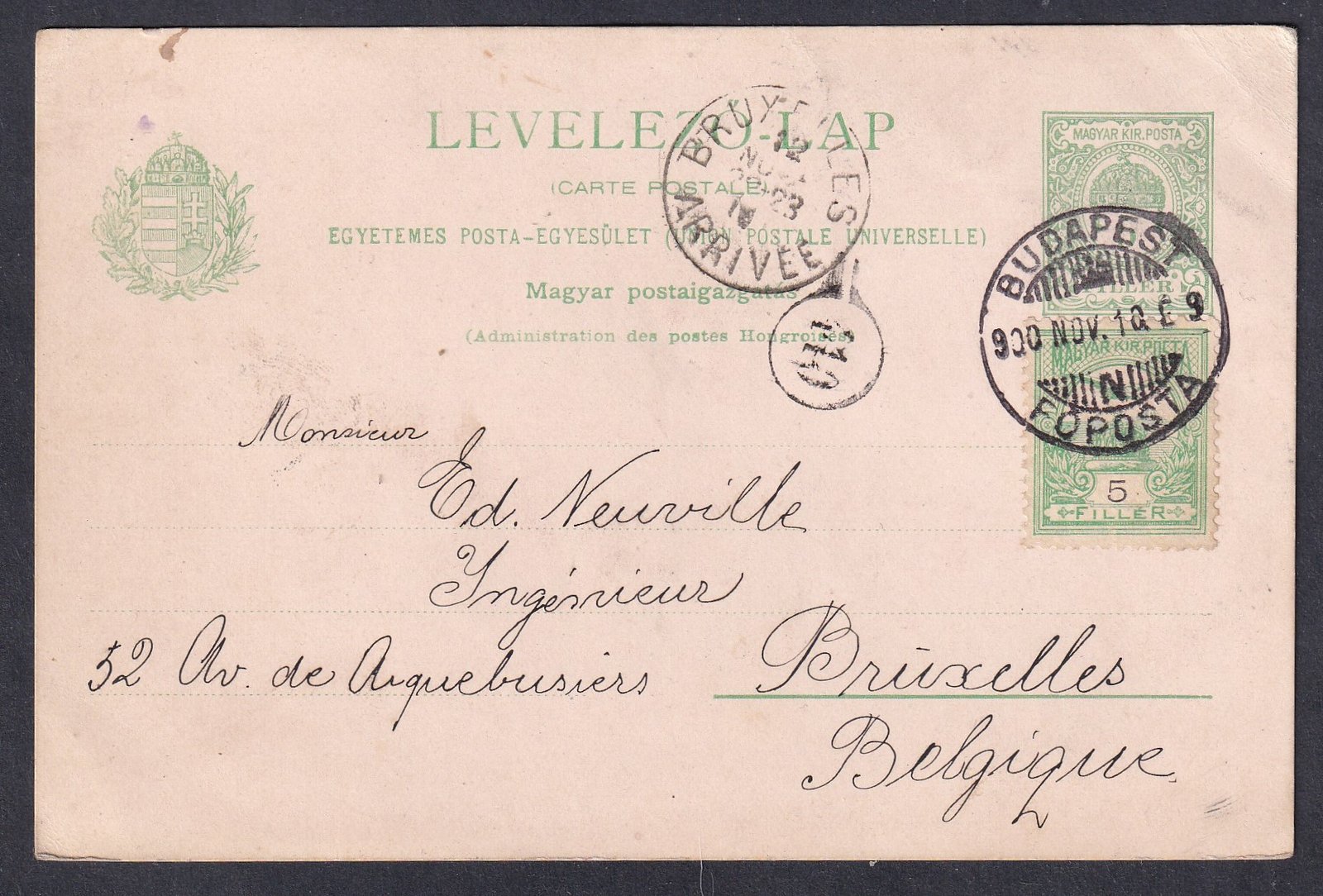 1900. Budapest, Brüxelles (Belgium)-ba feladott magyar -francia nyelvű díjkiegészített levelezőlap