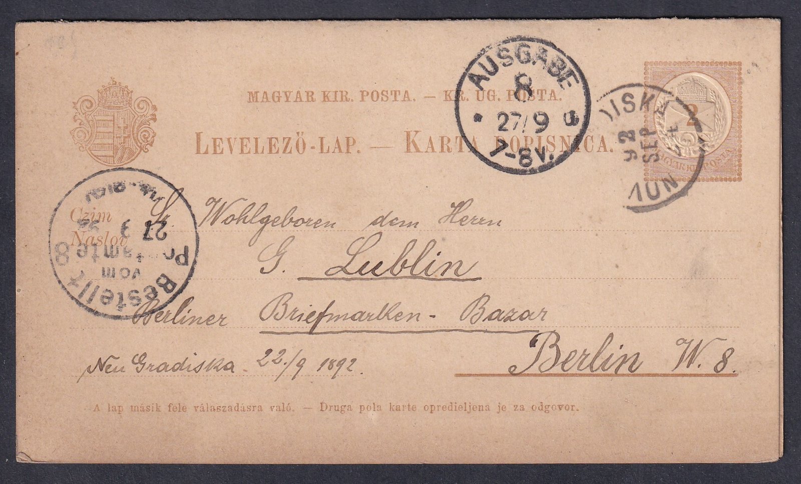 1892. NOVA-GRADISKA, Berlinbe feladott, magyar-horvát nyelvű válaszlapos levelezőlap, válaszlappal együtt