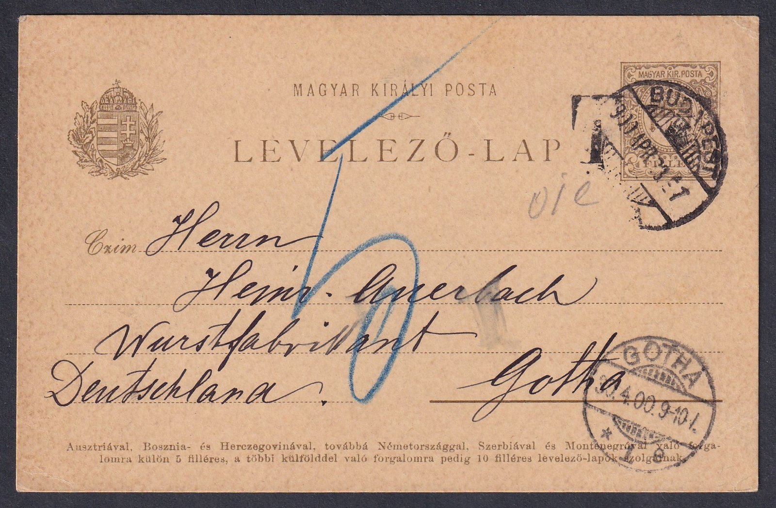 1900. Budapest, Gotha (Németország)-ba feladott díjjegyes levelezőlap