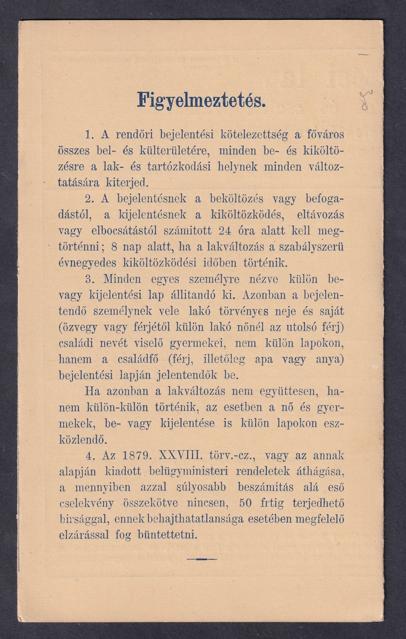 1897. 2 krajcár, használatlan három hasábos rendörségi levelezőlap - kék nyomat sárga papíron