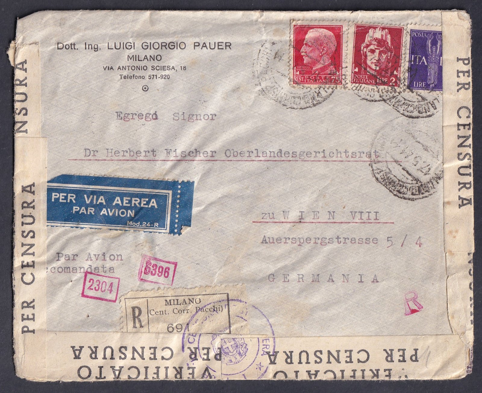 1941. Milanó, Bécsbe feladott ajánlott légipostai levél, olasz és német (Oberkommando der Wehrmacht) kettős cenzúrával. Kiemelkedő II. világháborús postatörténeti darab.