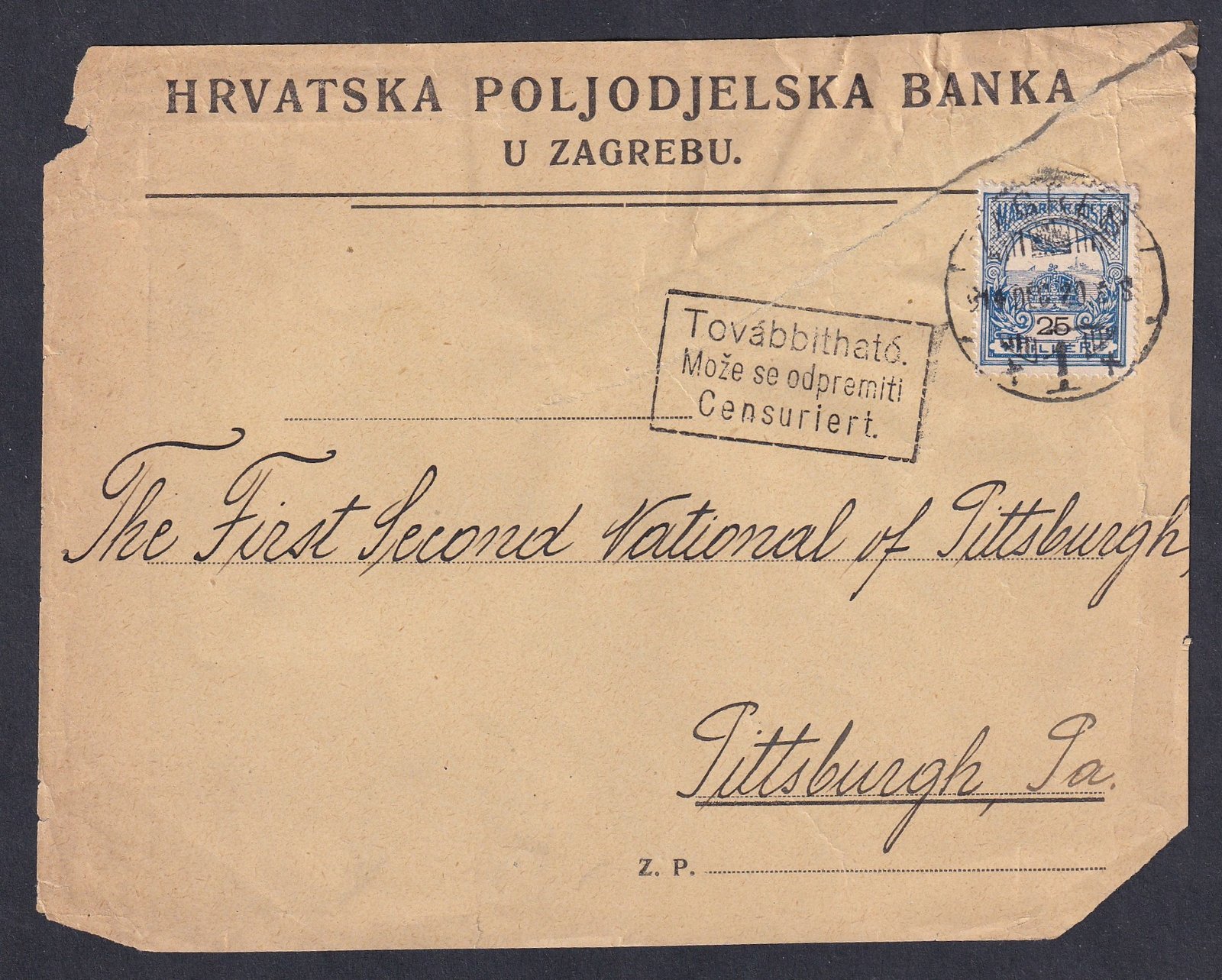 1914. Zagreb, Pittsburgh (USA)-ba feladott cenzúrázott levél előlapja